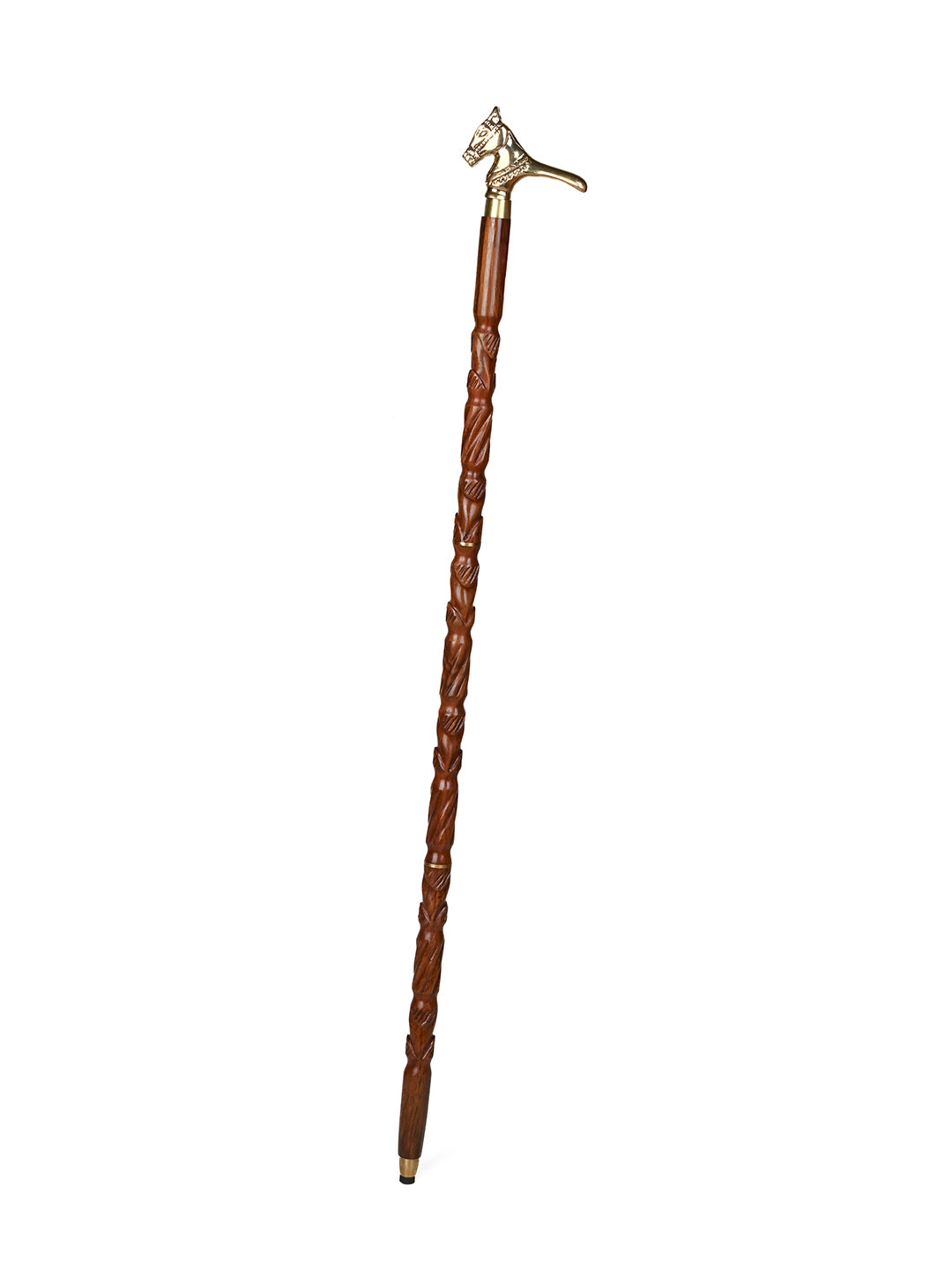 Shisham wood crafted brass horse head handle walking stick / cane - Easily detachable