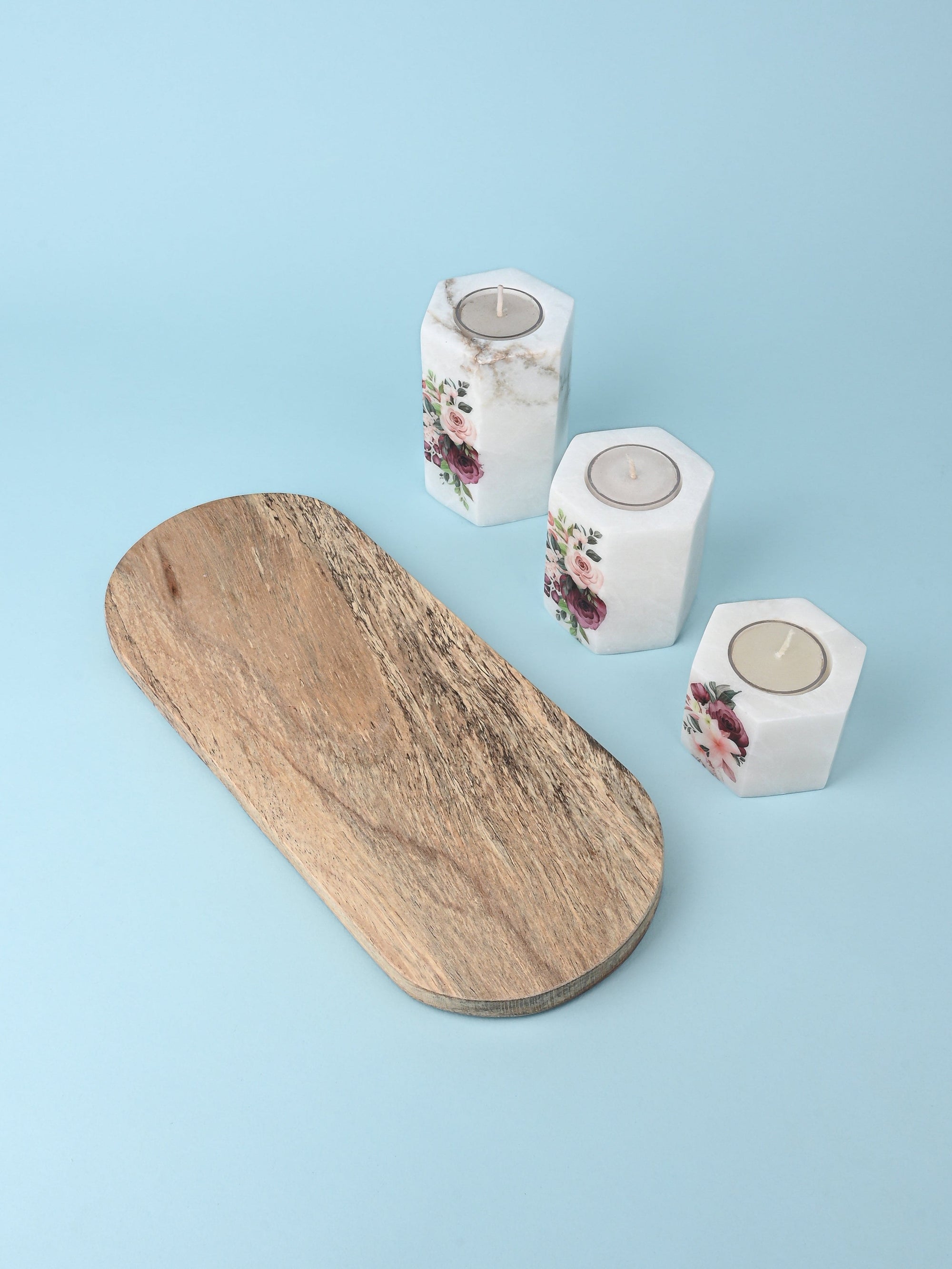 Set of 3 pcs Tea Light Candle Holder on a Wooden Plate - White Printed