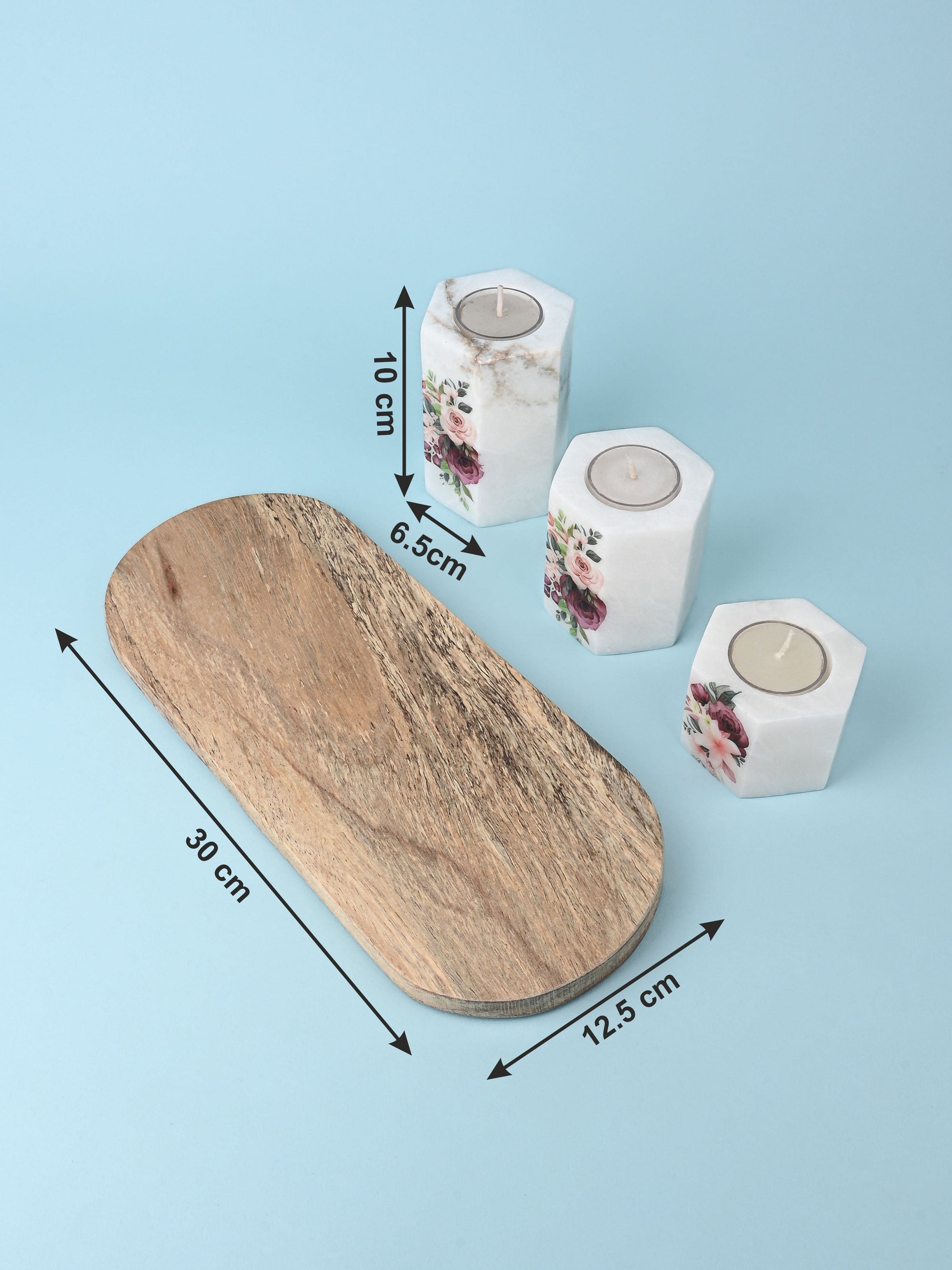 Set of 3 pcs Tea Light Candle Holder on a Wooden Plate - White Printed