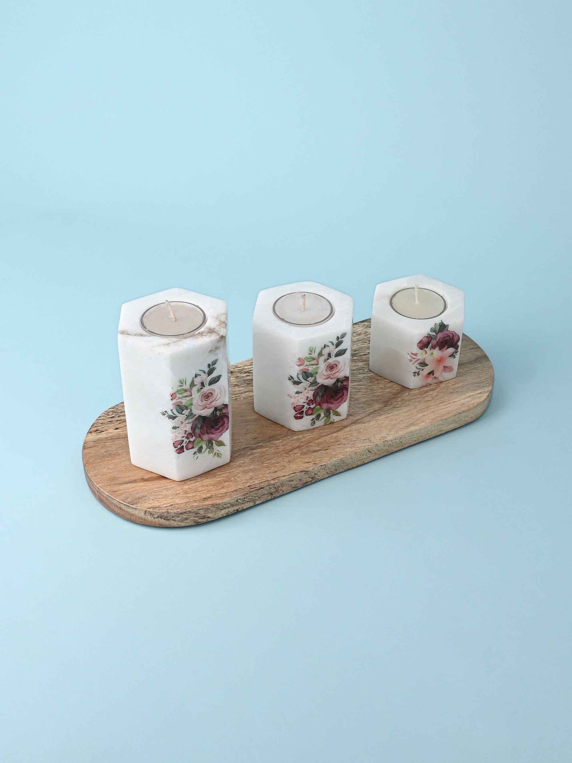 Set of 3 pcs Tea Light Candle Holder on a Wooden Plate - White Printed