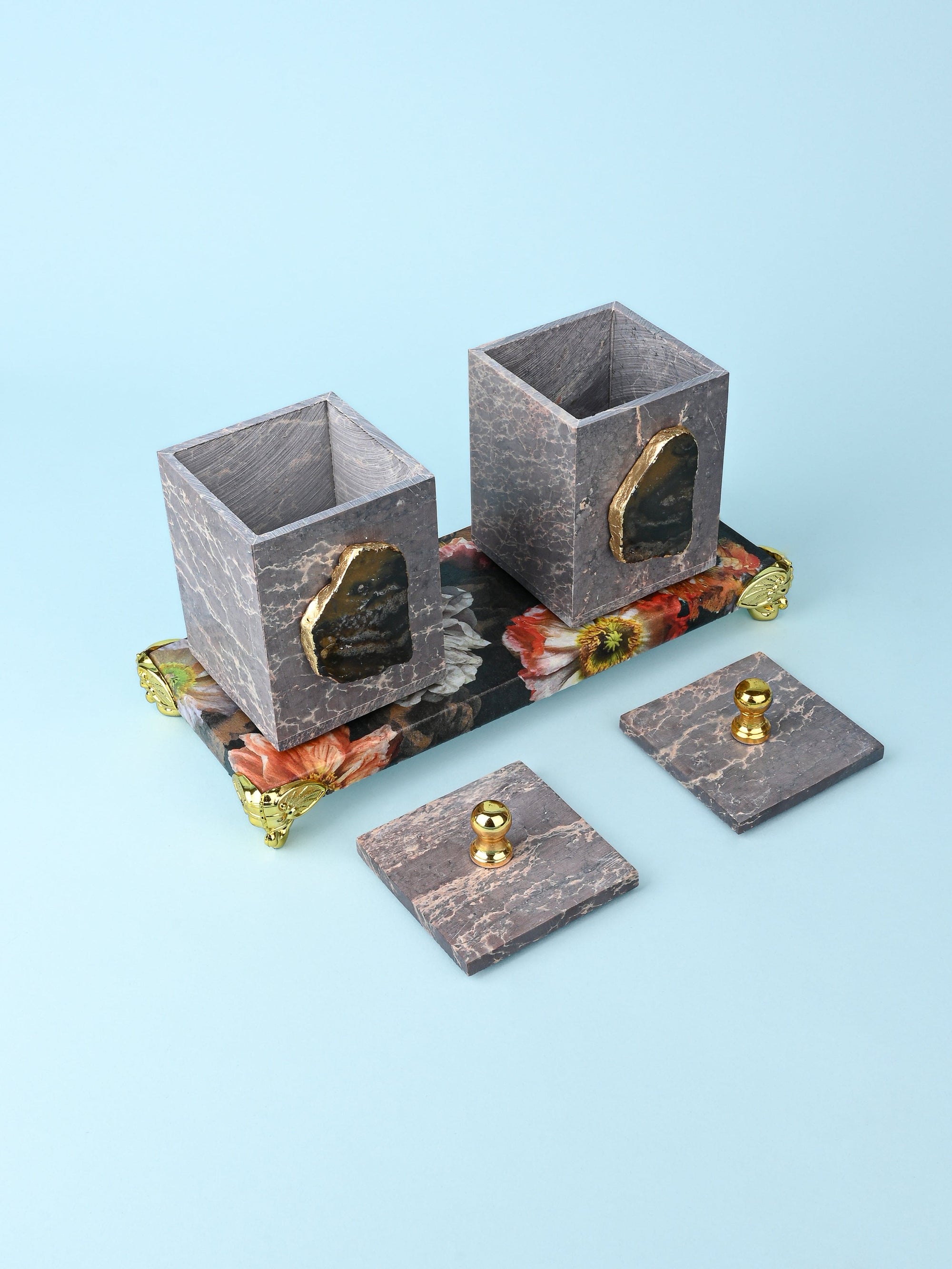 Set of 2 Containers with Agate Stone on a Floral Printed Tray