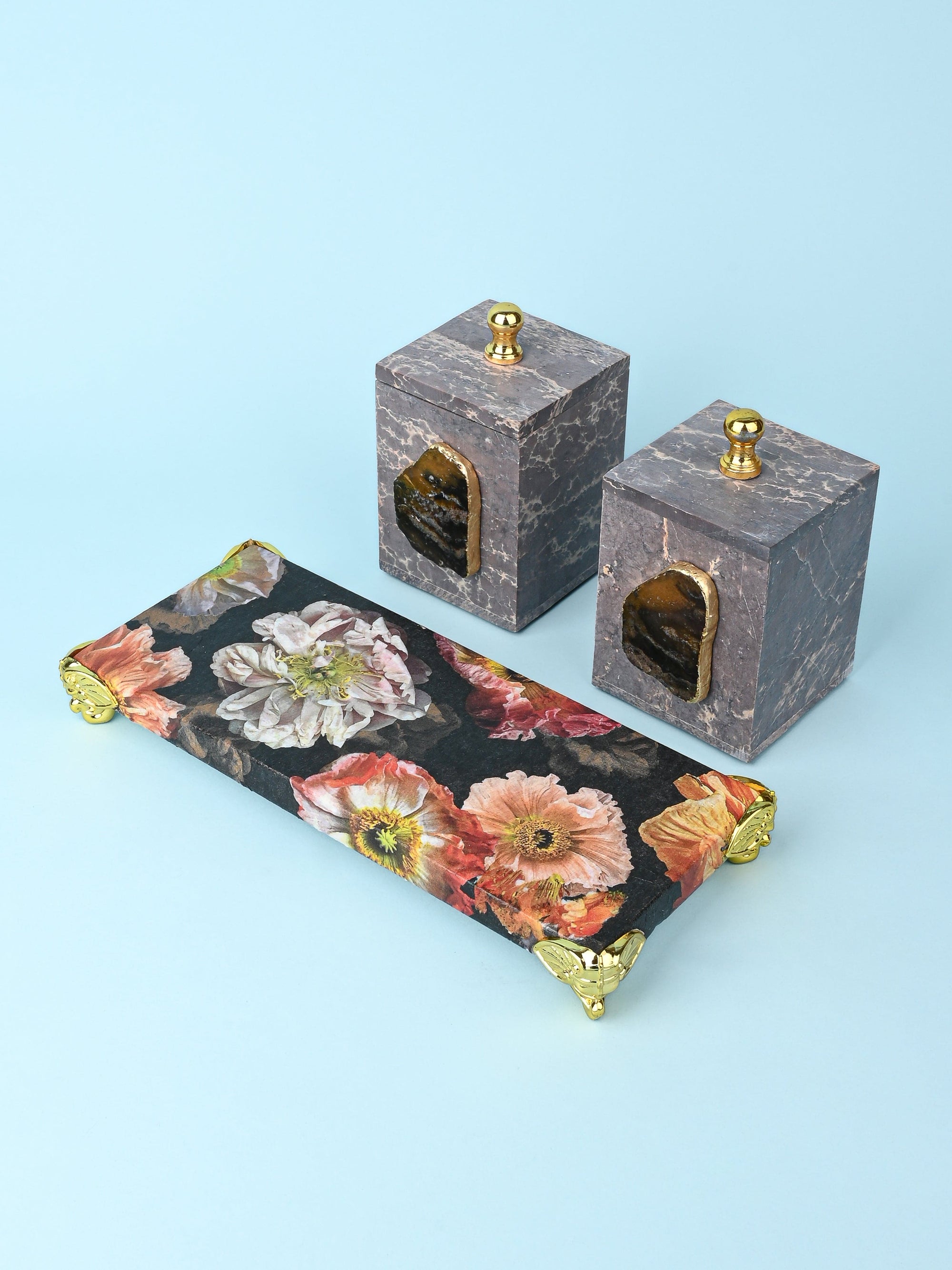 Set of 2 Containers with Agate Stone on a Floral Printed Tray