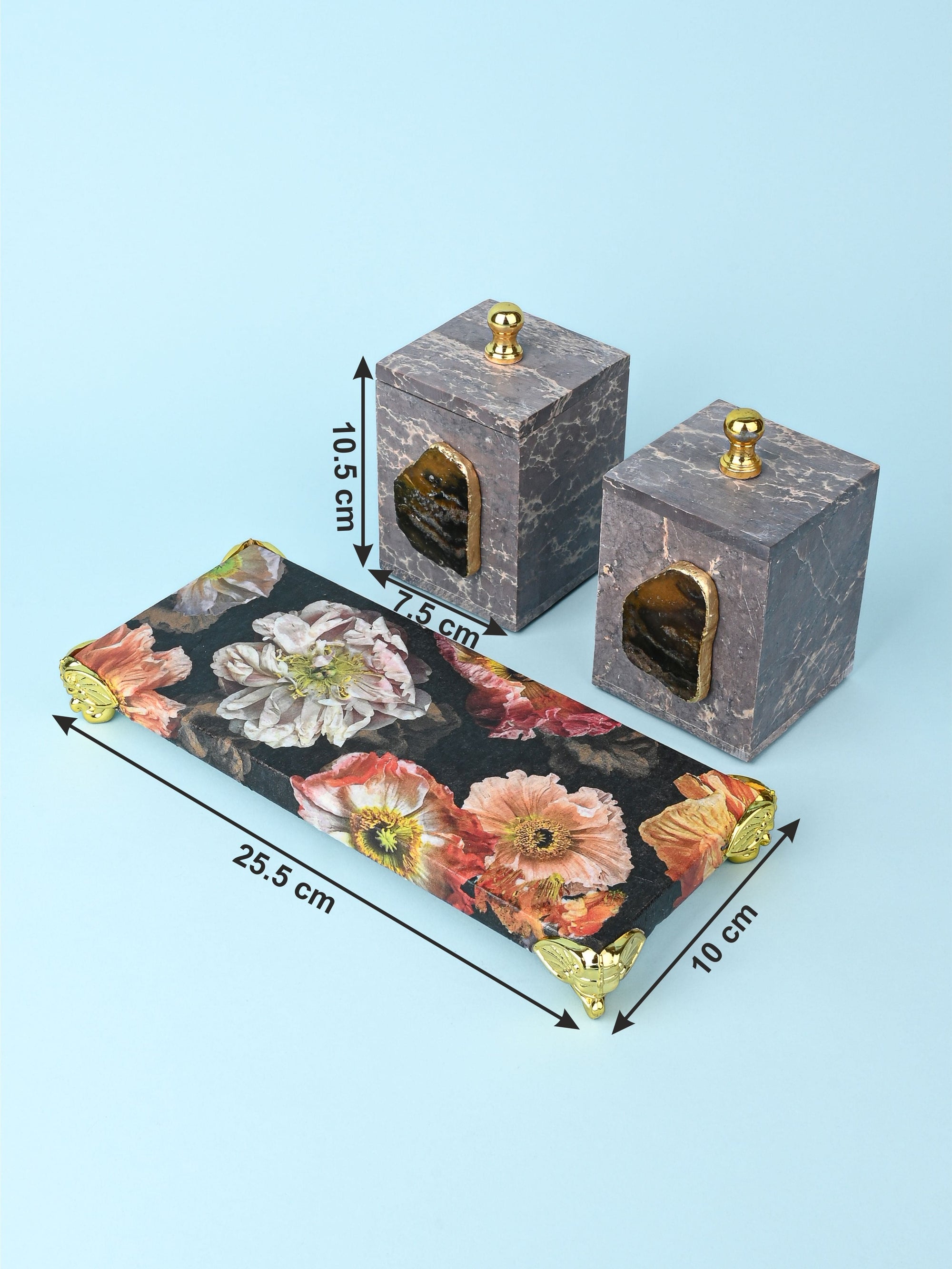 Set of 2 Containers with Agate Stone on a Floral Printed Tray