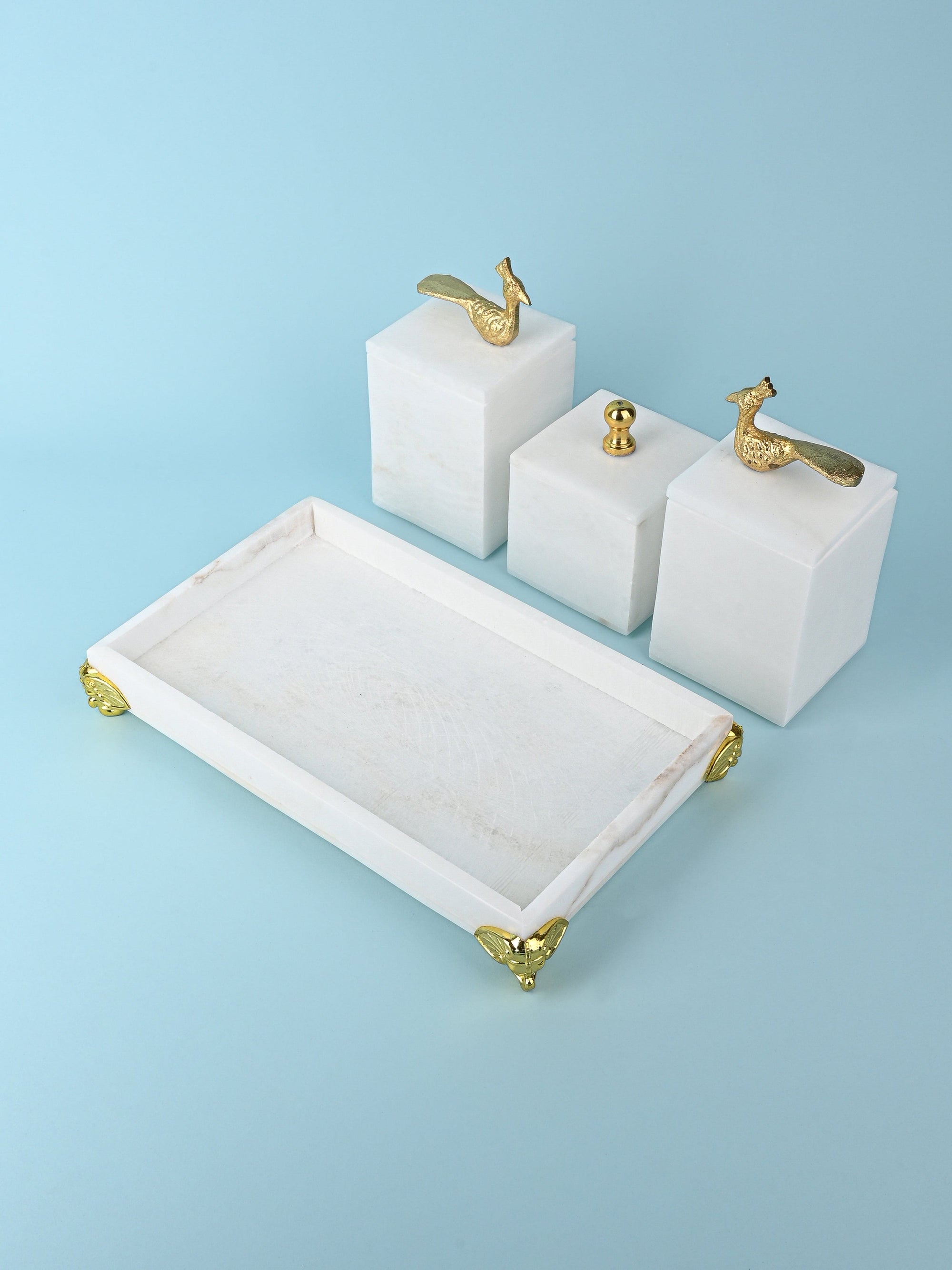 White Marble Set of 3 Containers on a Rectangular Tray with Golden Legs