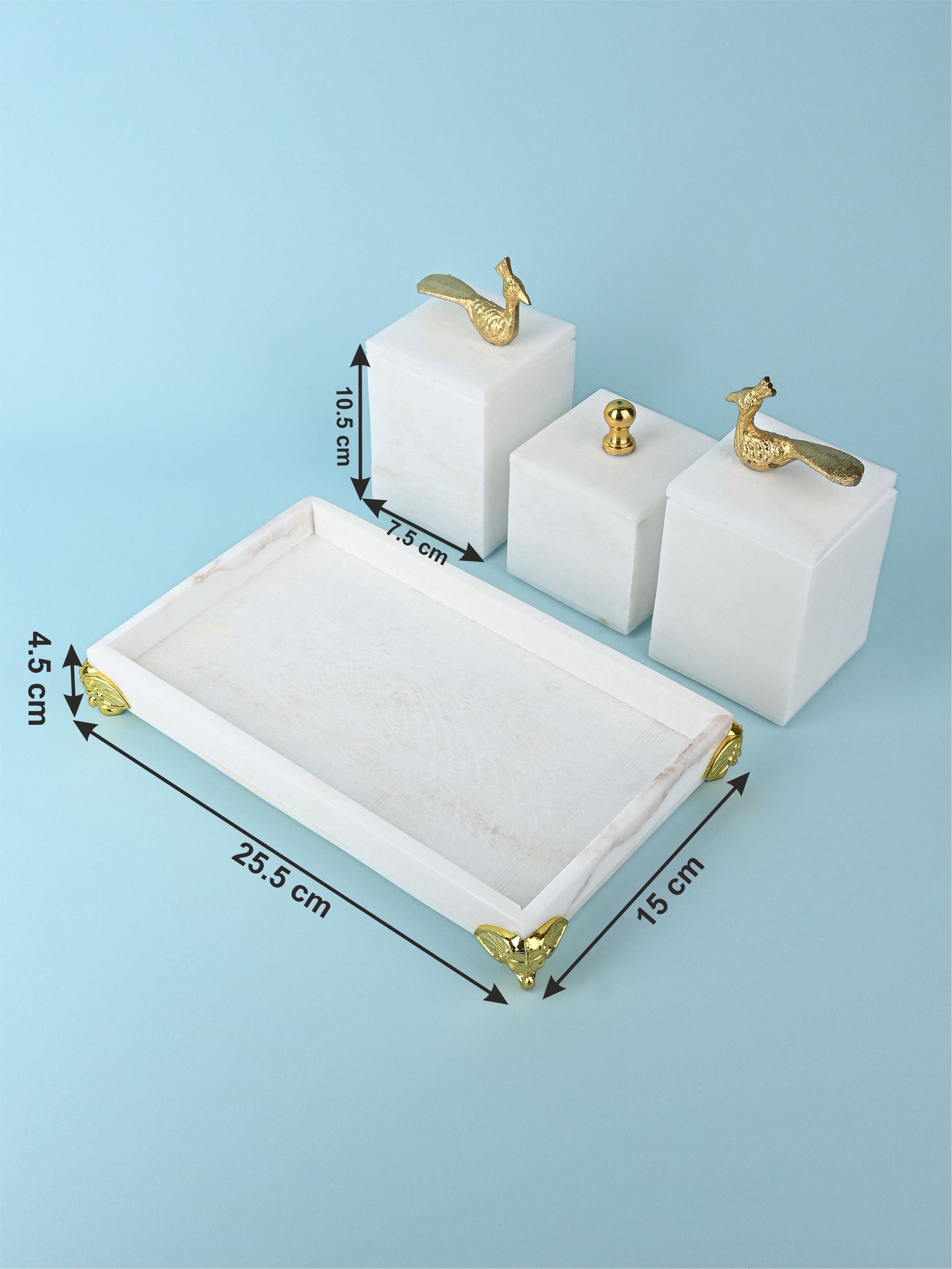 White Marble Set of 3 Containers on a Rectangular Tray with Golden Legs