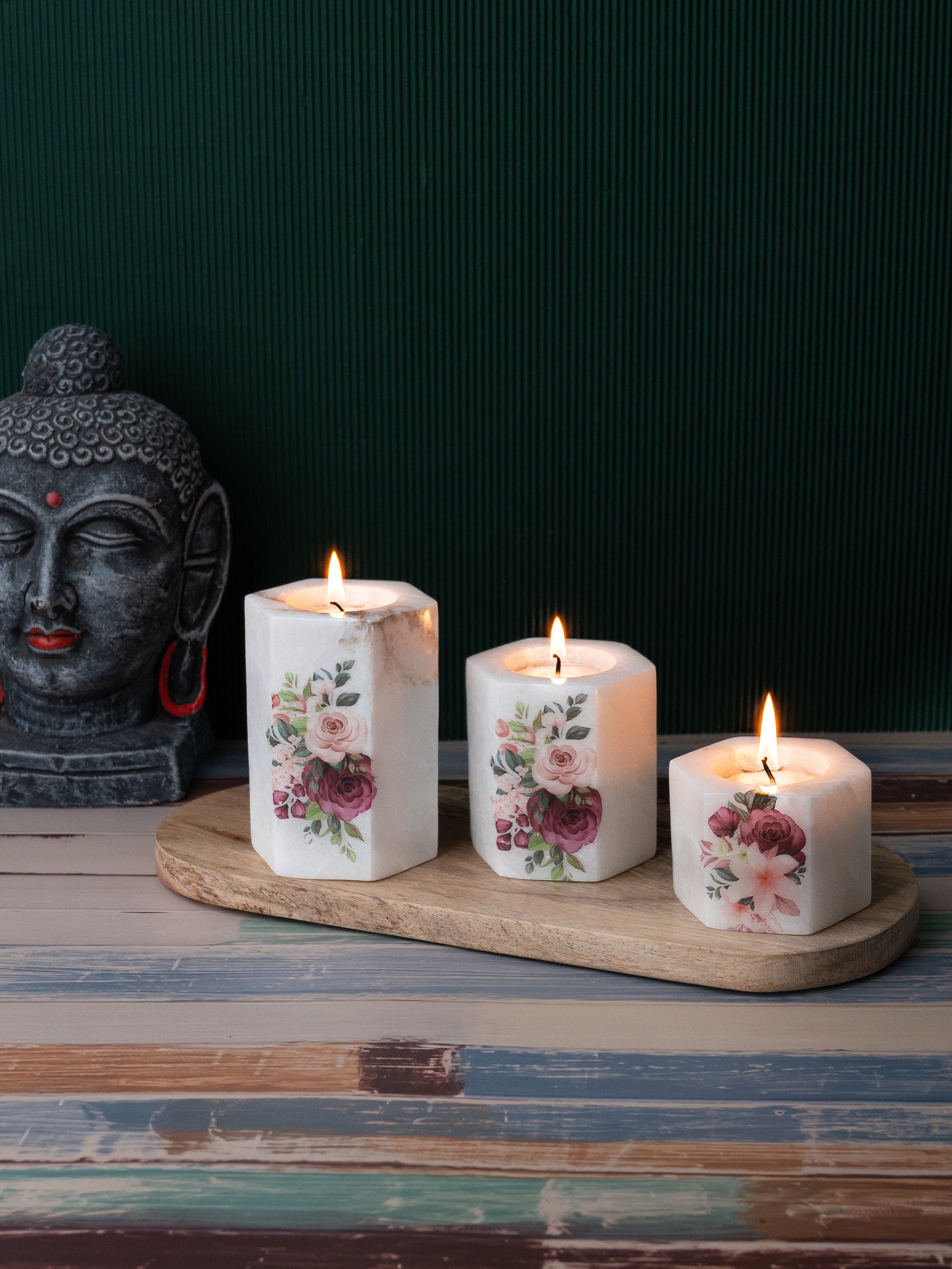 Set of 3 pcs Tea Light Candle Holder on a Wooden Plate - White Printed