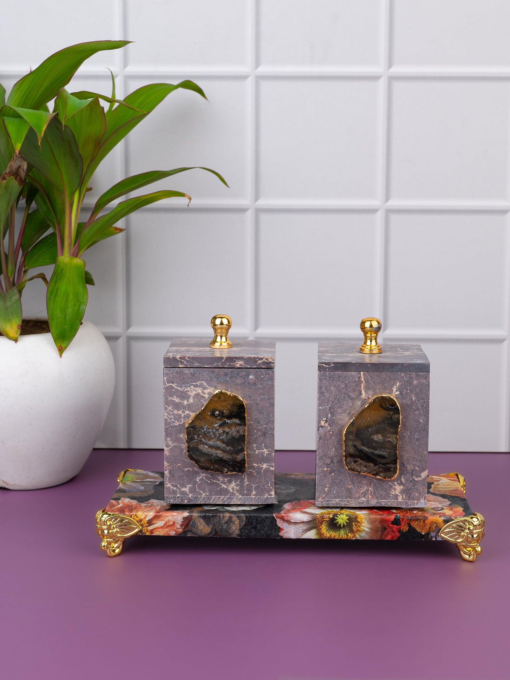Set of 2 Containers with Agate Stone on a Floral Printed Tray