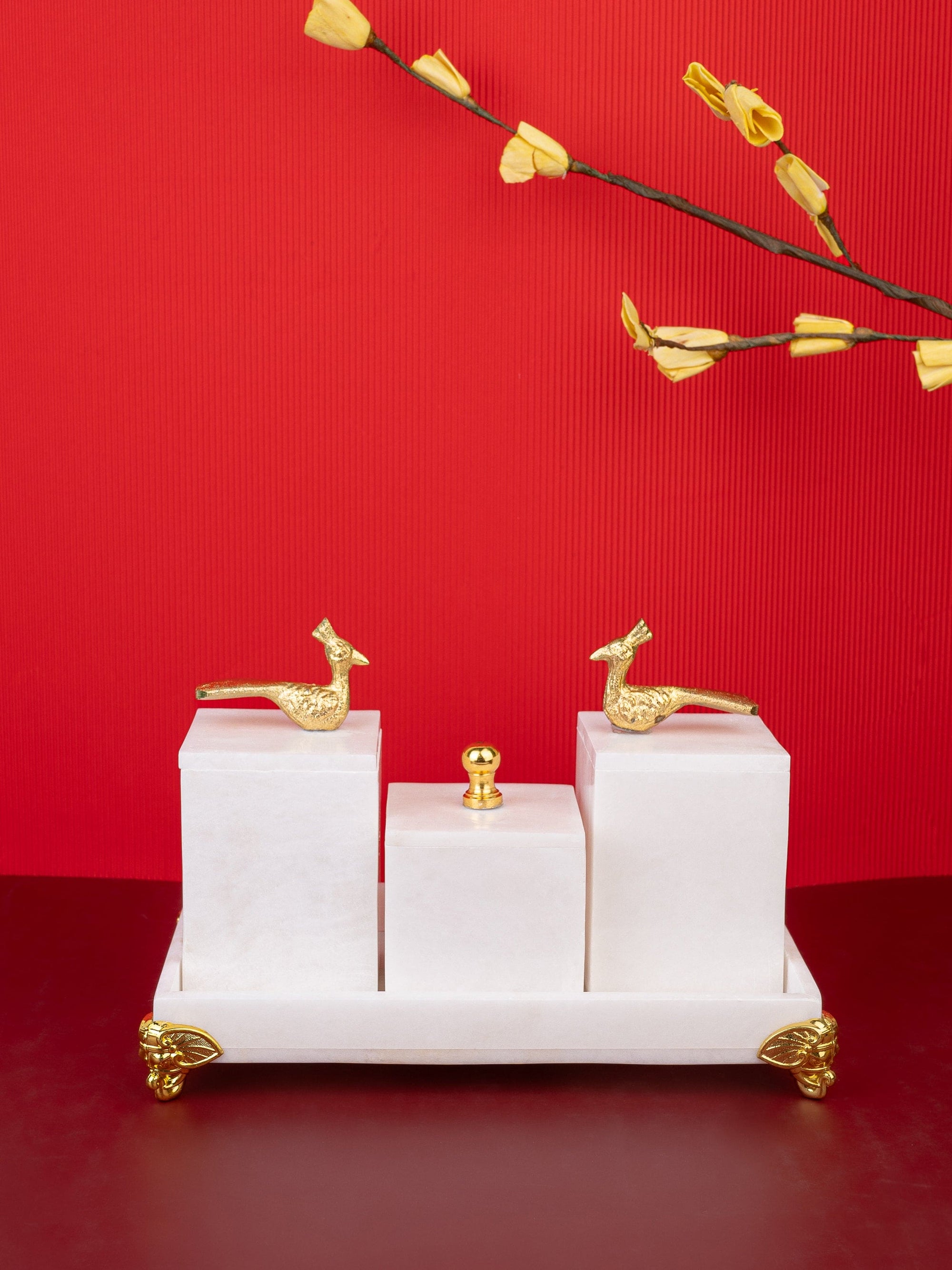 White Marble Set of 3 Containers on a Rectangular Tray with Golden Legs