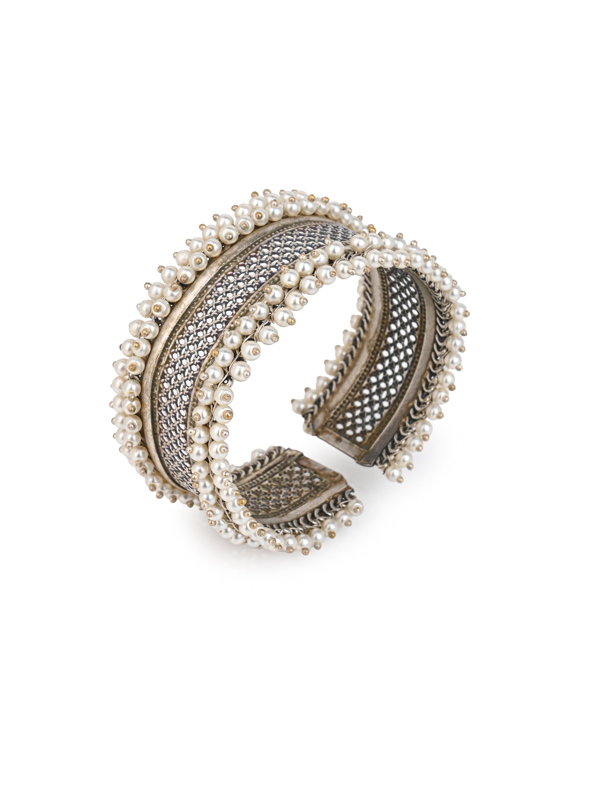 MAURYANA - Oxidised silver open end bangle with white bead decoration