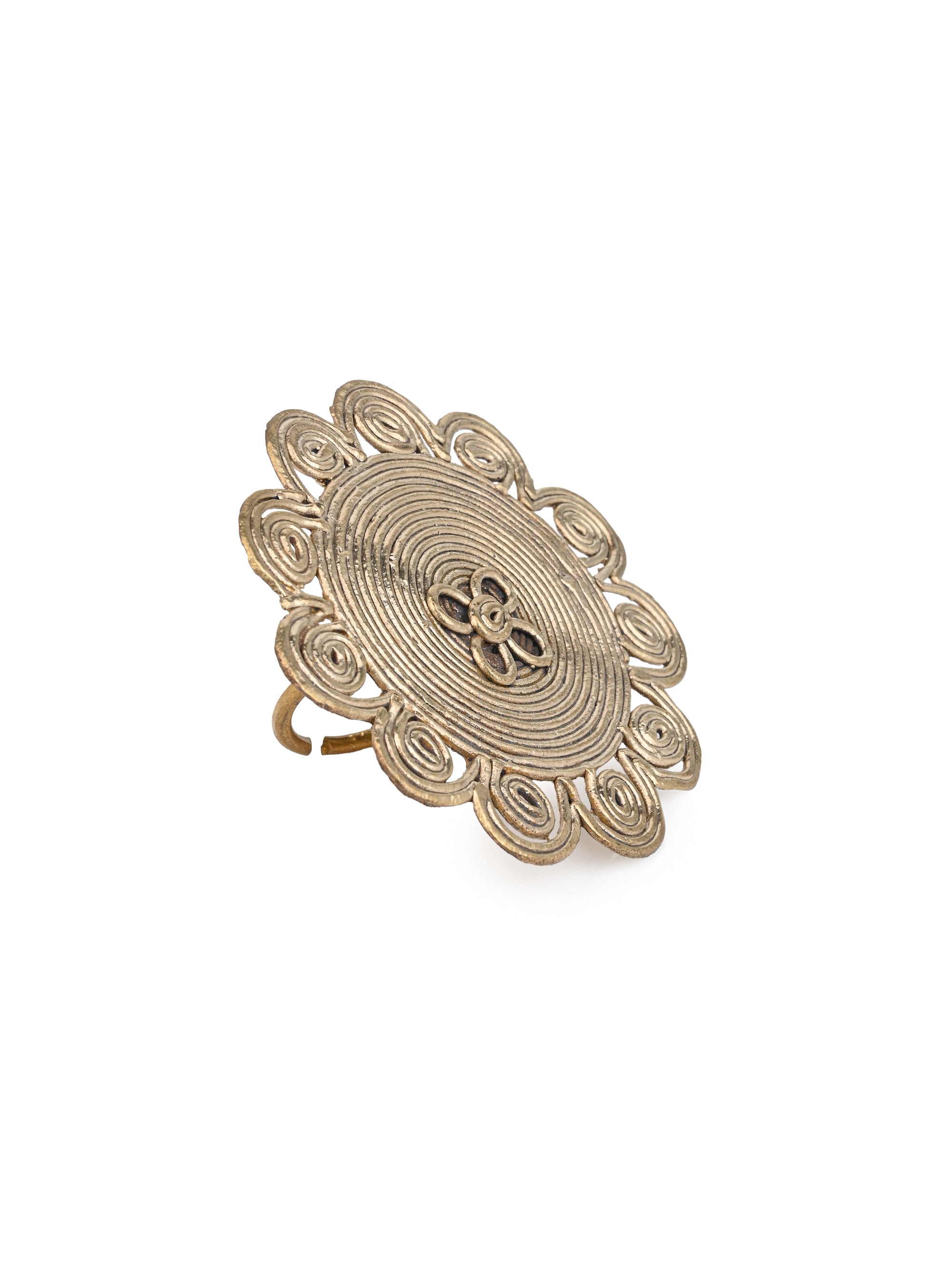 MAURYANA - Dokra craft floral design solid finger ring - adjustable size