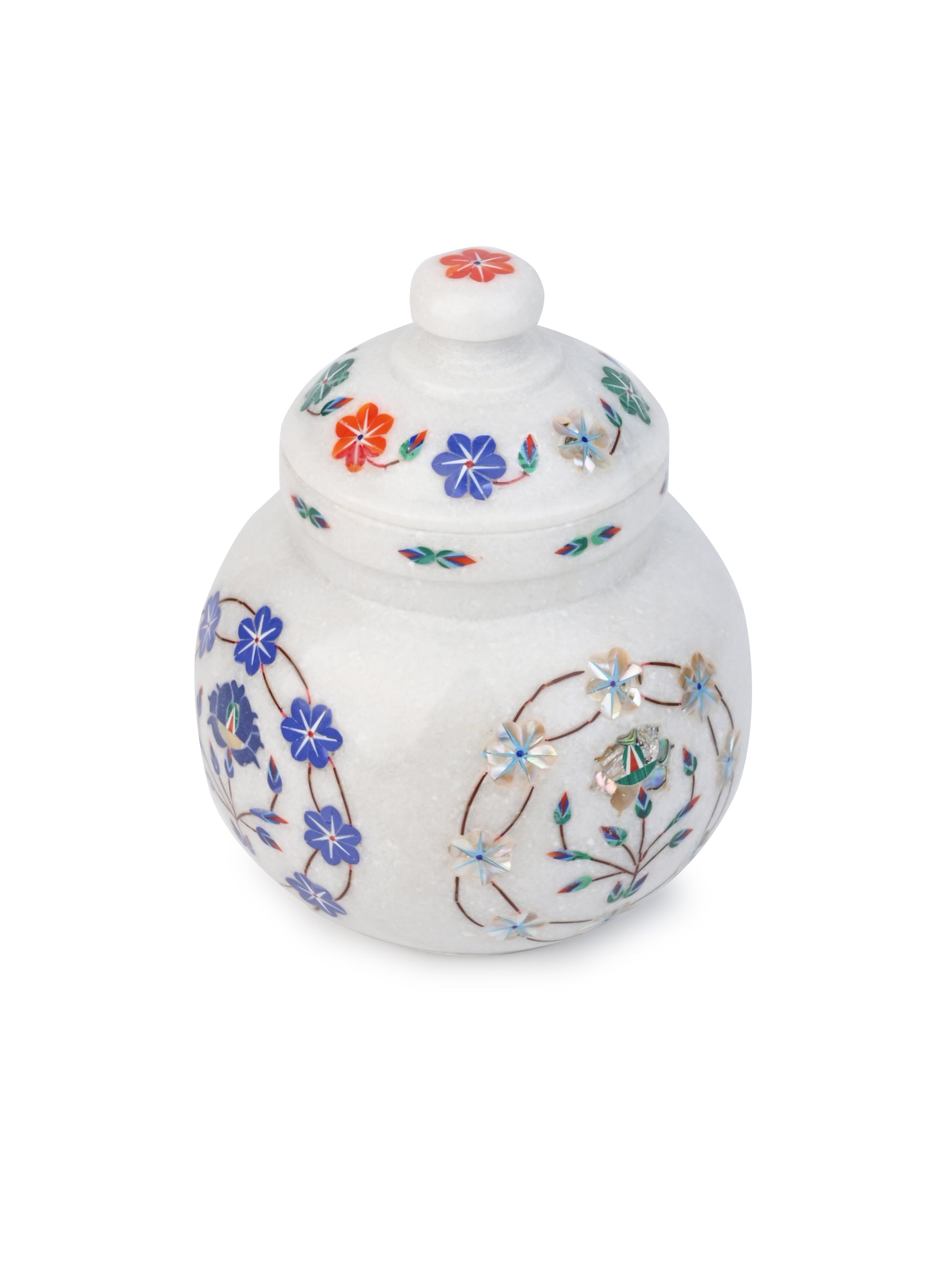Solid Marble Crafted Vaastu Kalash with Lid and Colorful Inlay Work - 9 inches