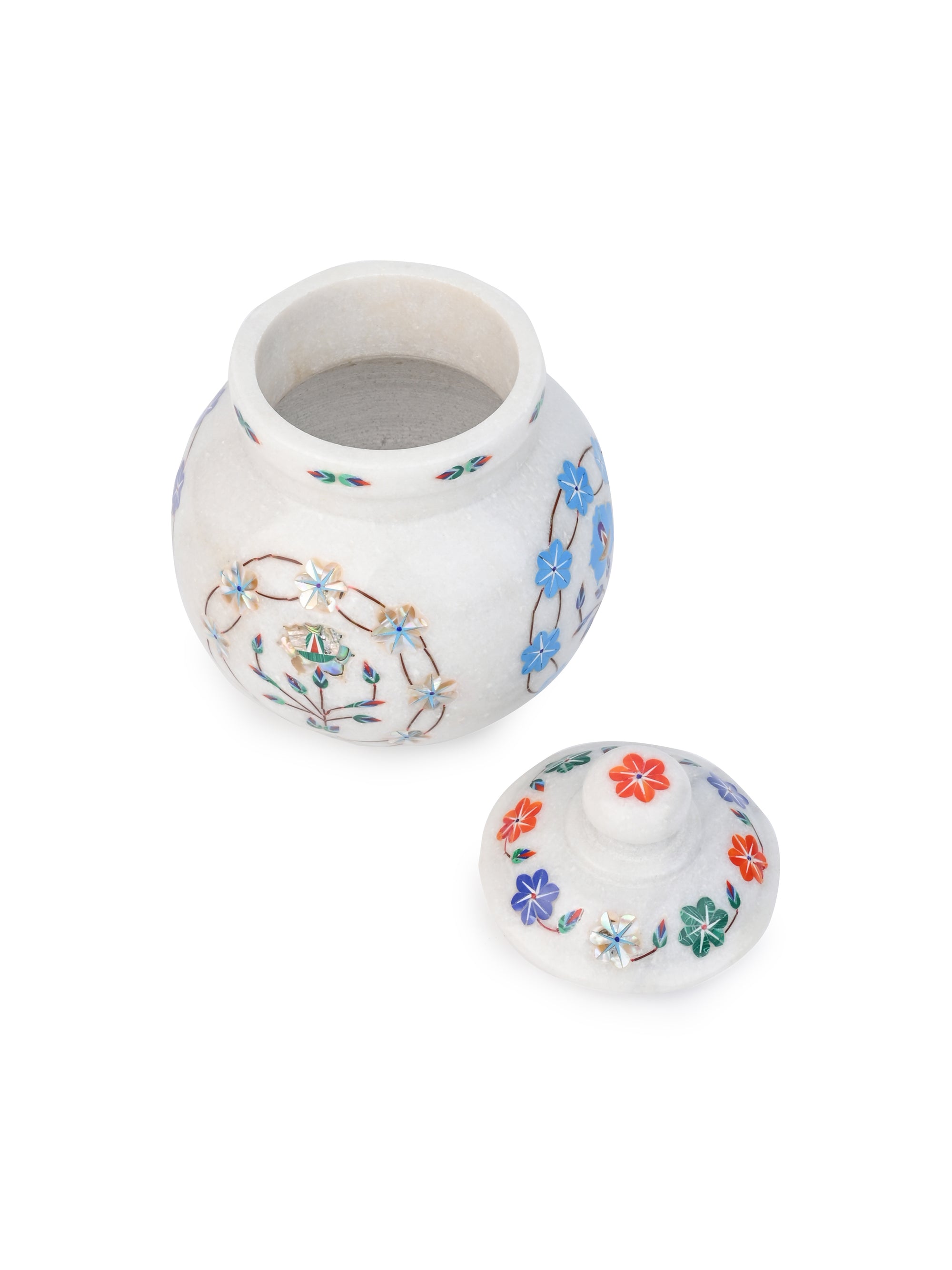 Solid Marble Crafted Vaastu Kalash with Lid and Colorful Inlay Work - 9 inches