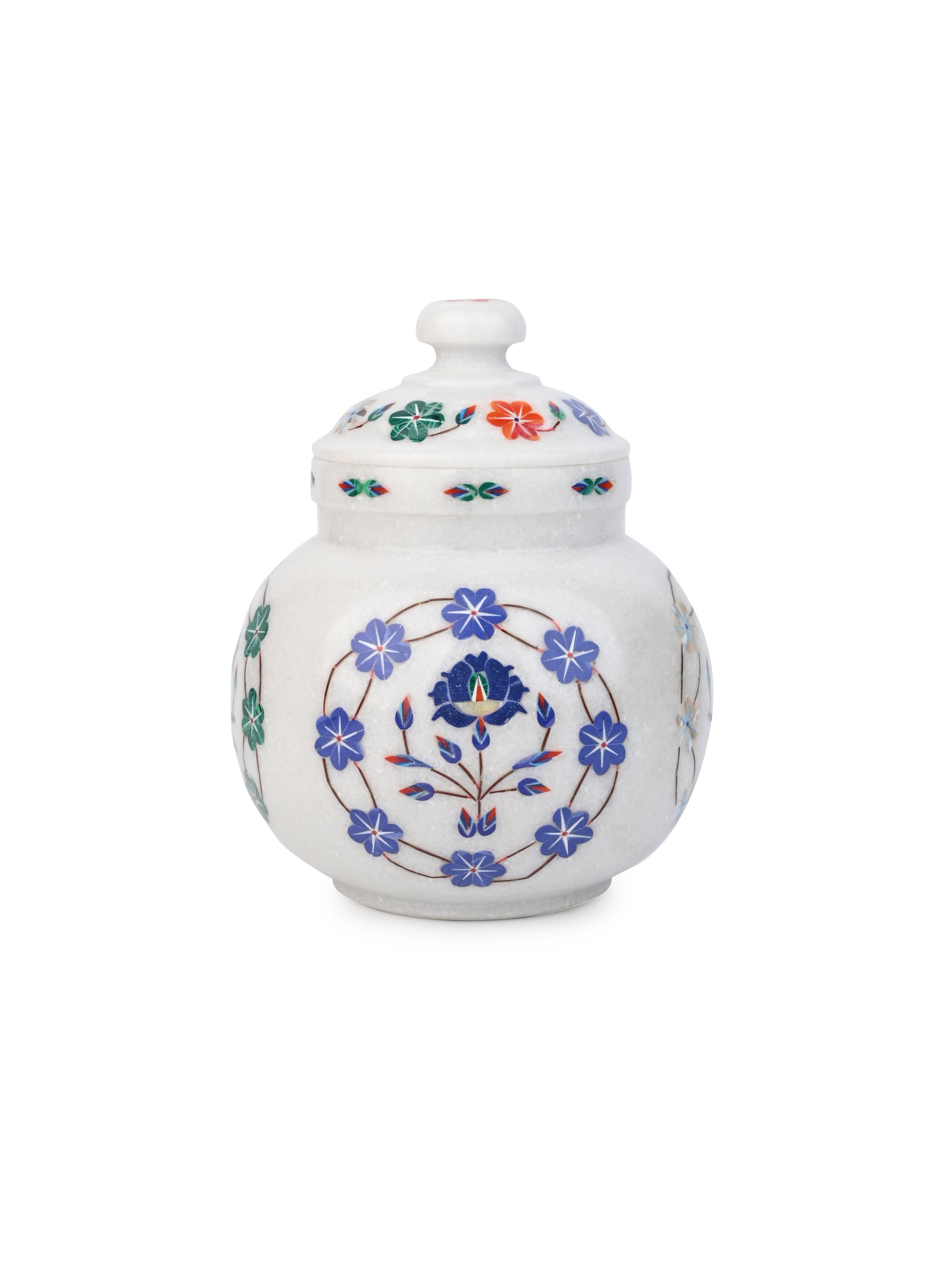 Solid Marble Crafted Vaastu Kalash with Lid and Colorful Inlay Work - 9 inches