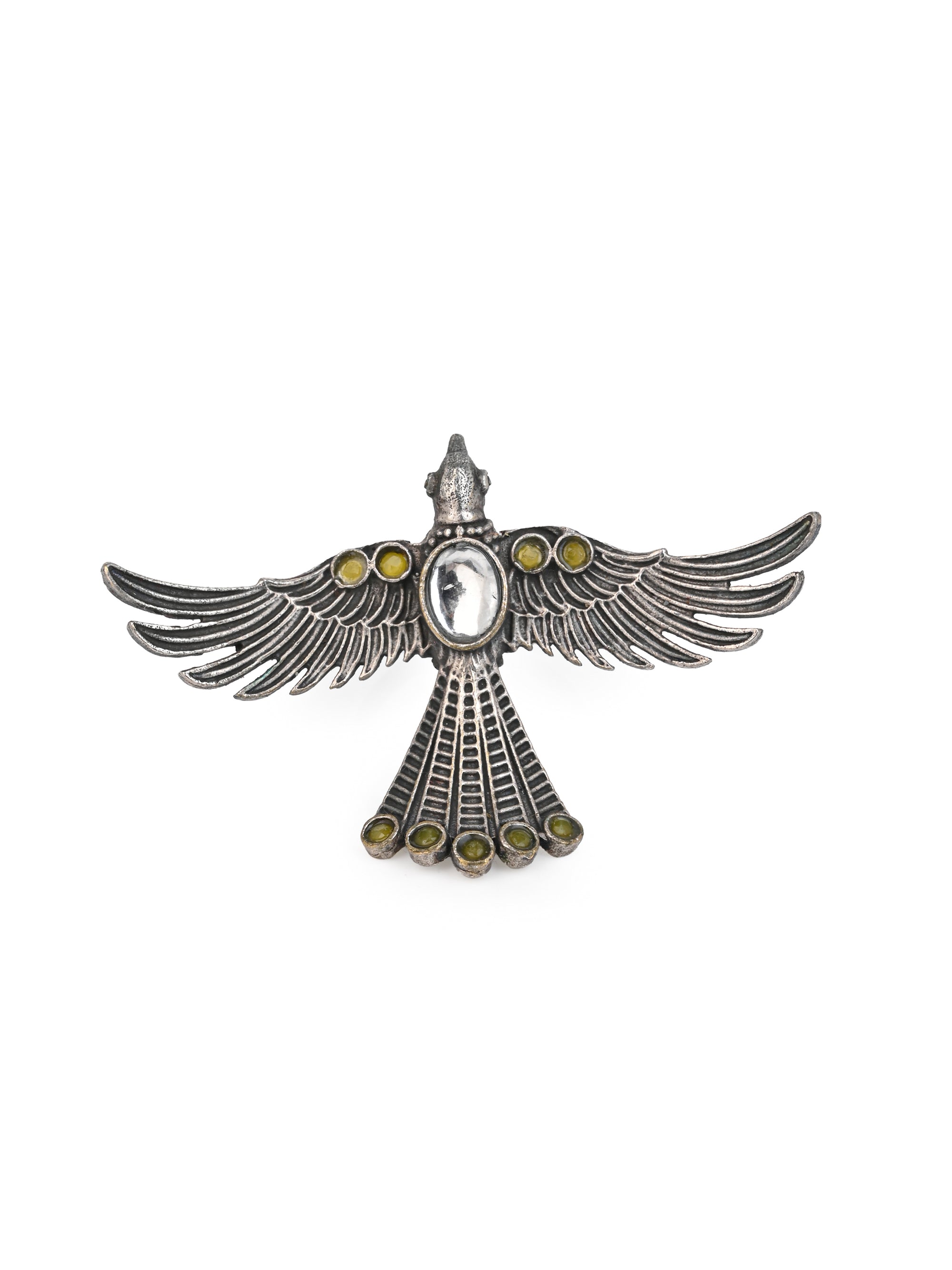 MAURYANA - Oxidised silver flying eagle shaped ring with colorful stones