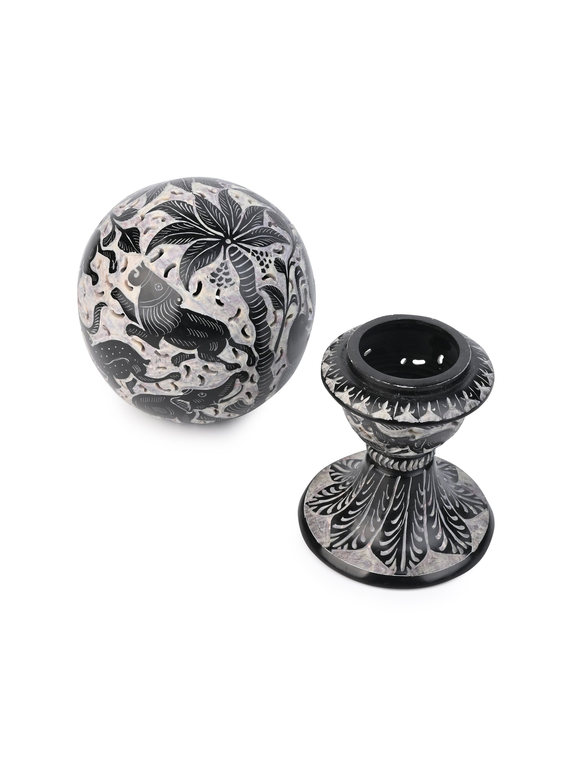 Black Stone Hand Crafted Round Ball Lamp Decor - 10 inches height