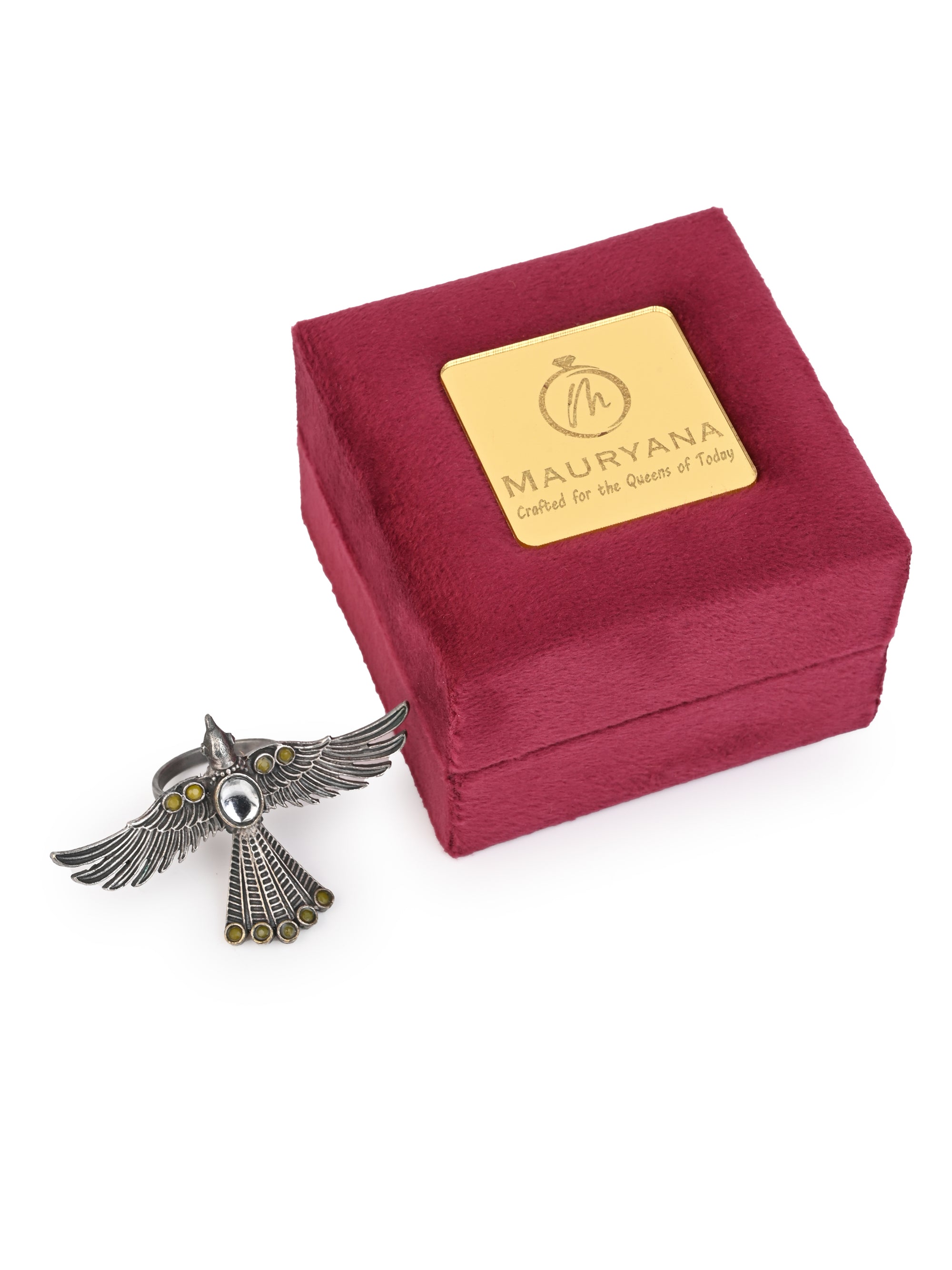 MAURYANA - Oxidised silver flying eagle shaped ring with colorful stones