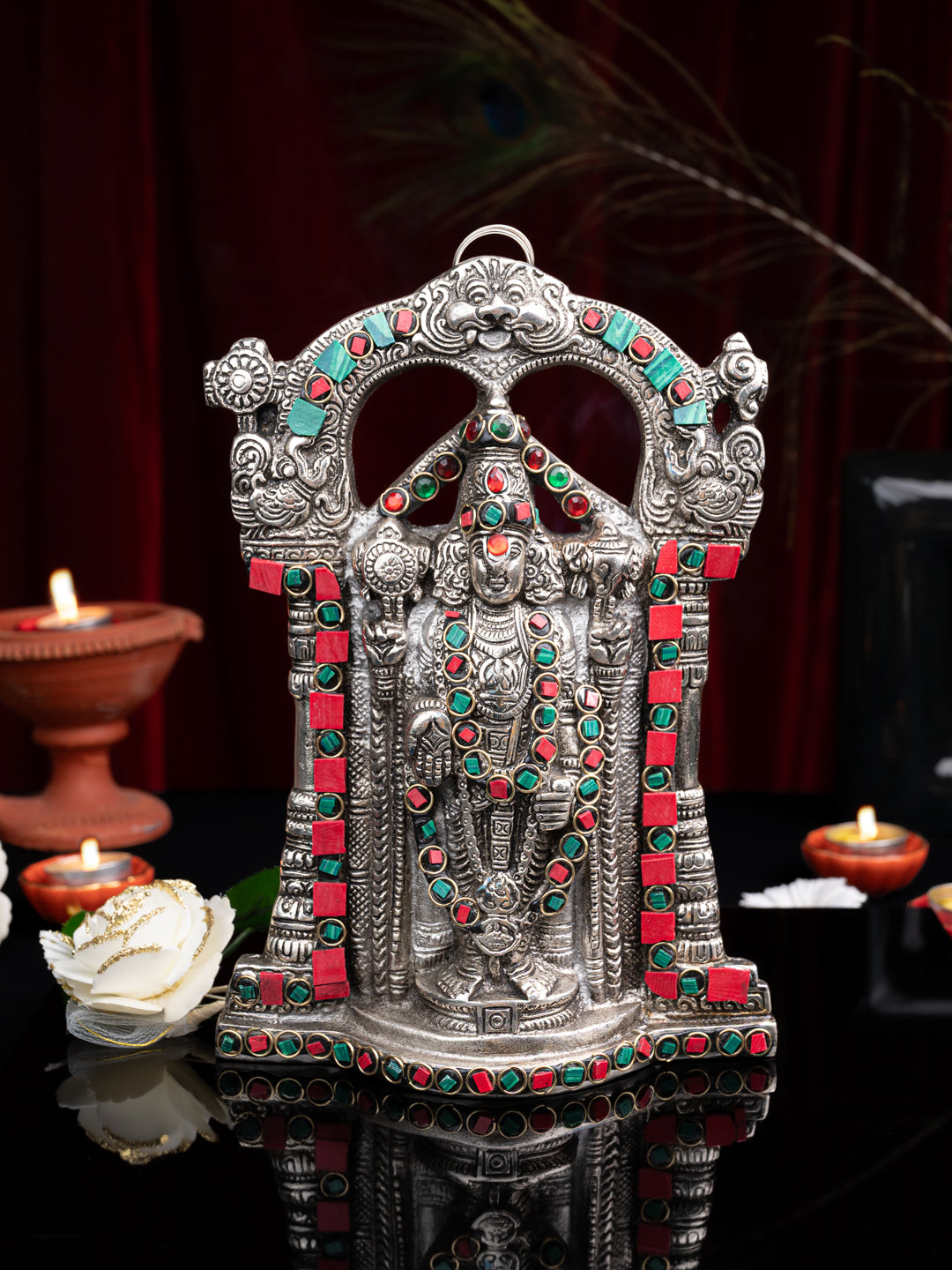 Tirupati Balaji Metal Statue with colorful Meenakari work - 10 inches - Available in Gold and Silver color