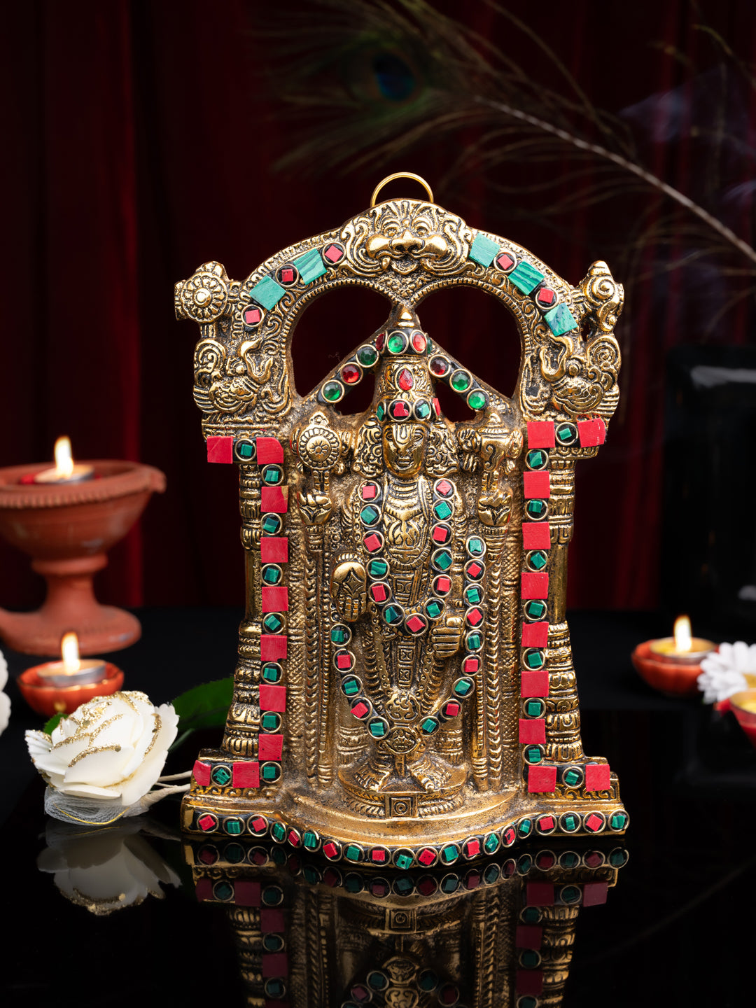 Tirupati Balaji Metal Statue with colorful Meenakari work - 10 inches - Available in Gold and Silver color