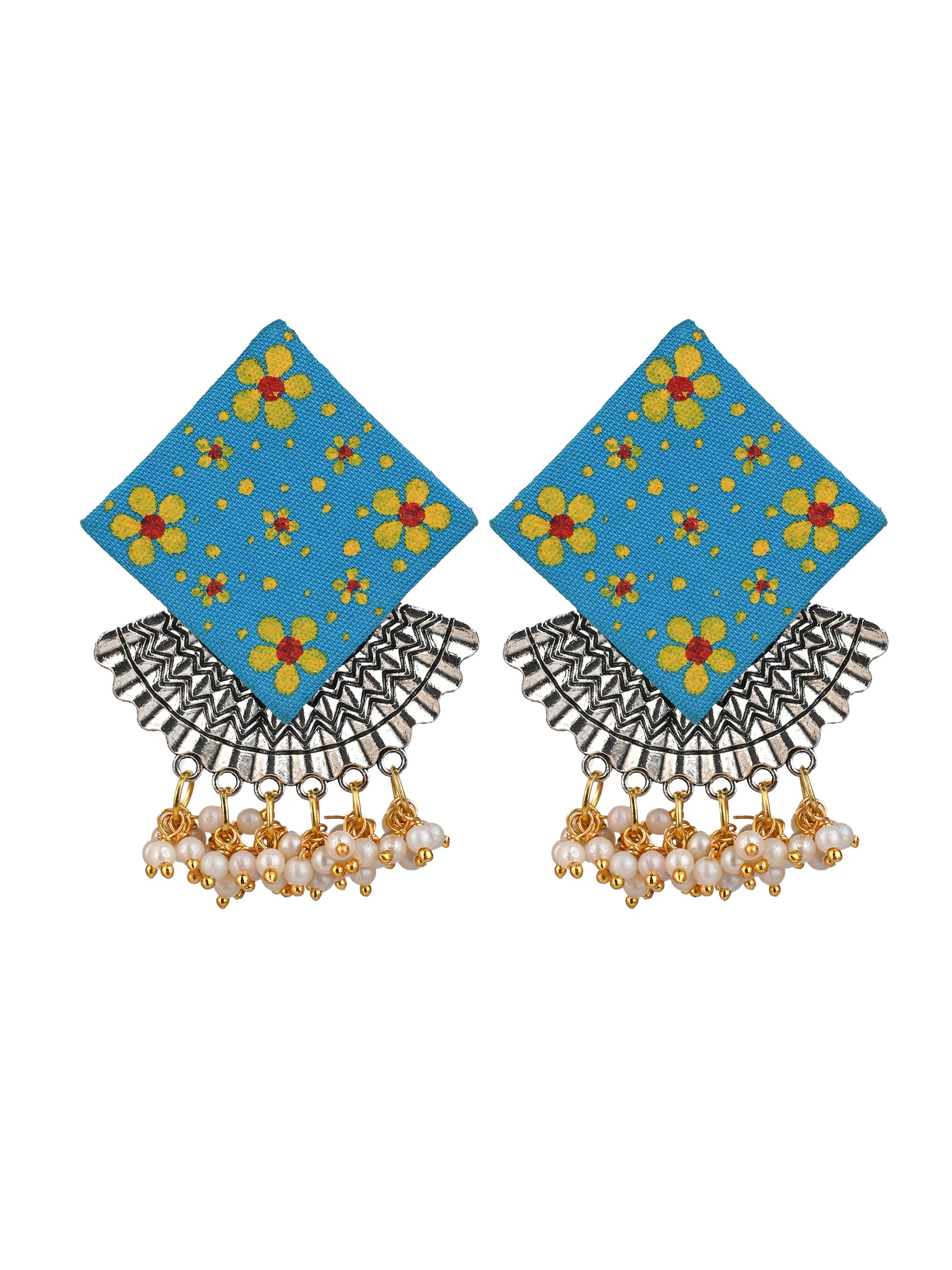 MAURYANA - Blue fabric earrings pair with metal and beads embellishment