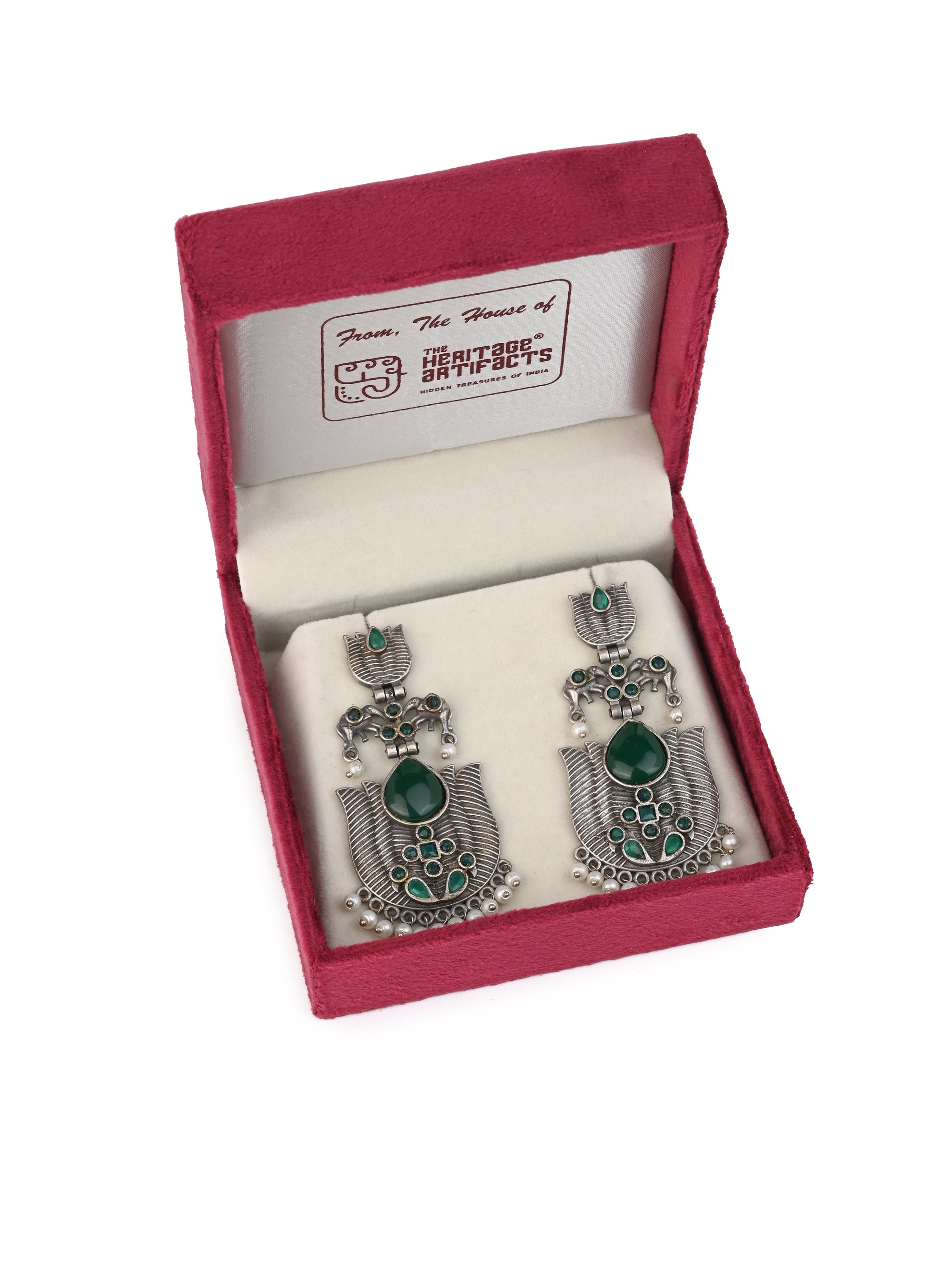 MAURYANA - Oxidised silver earrings with green stone embellishments