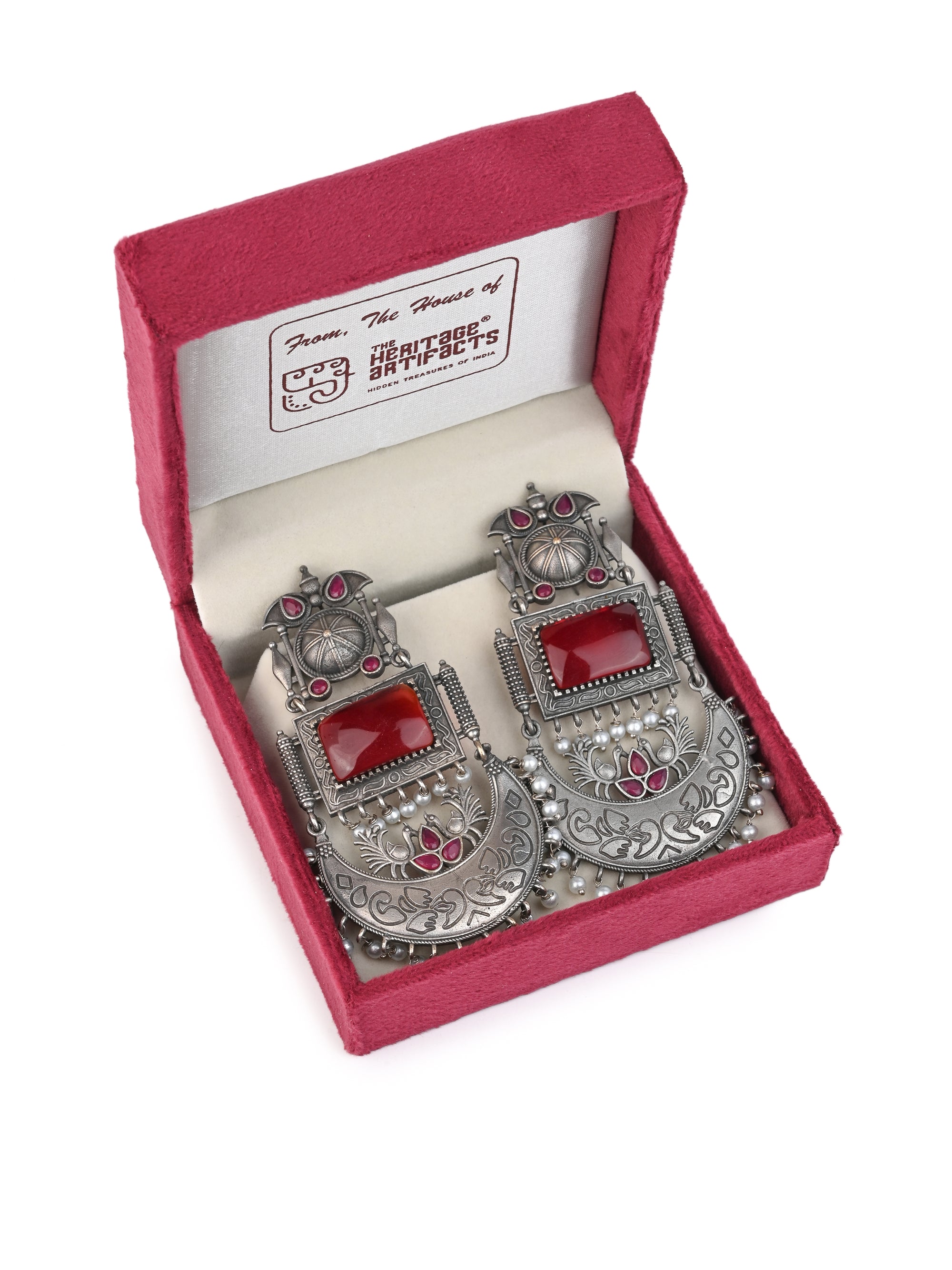 MAURYANA - Oxidised silver with red stone design pair of earrings - 4 inches