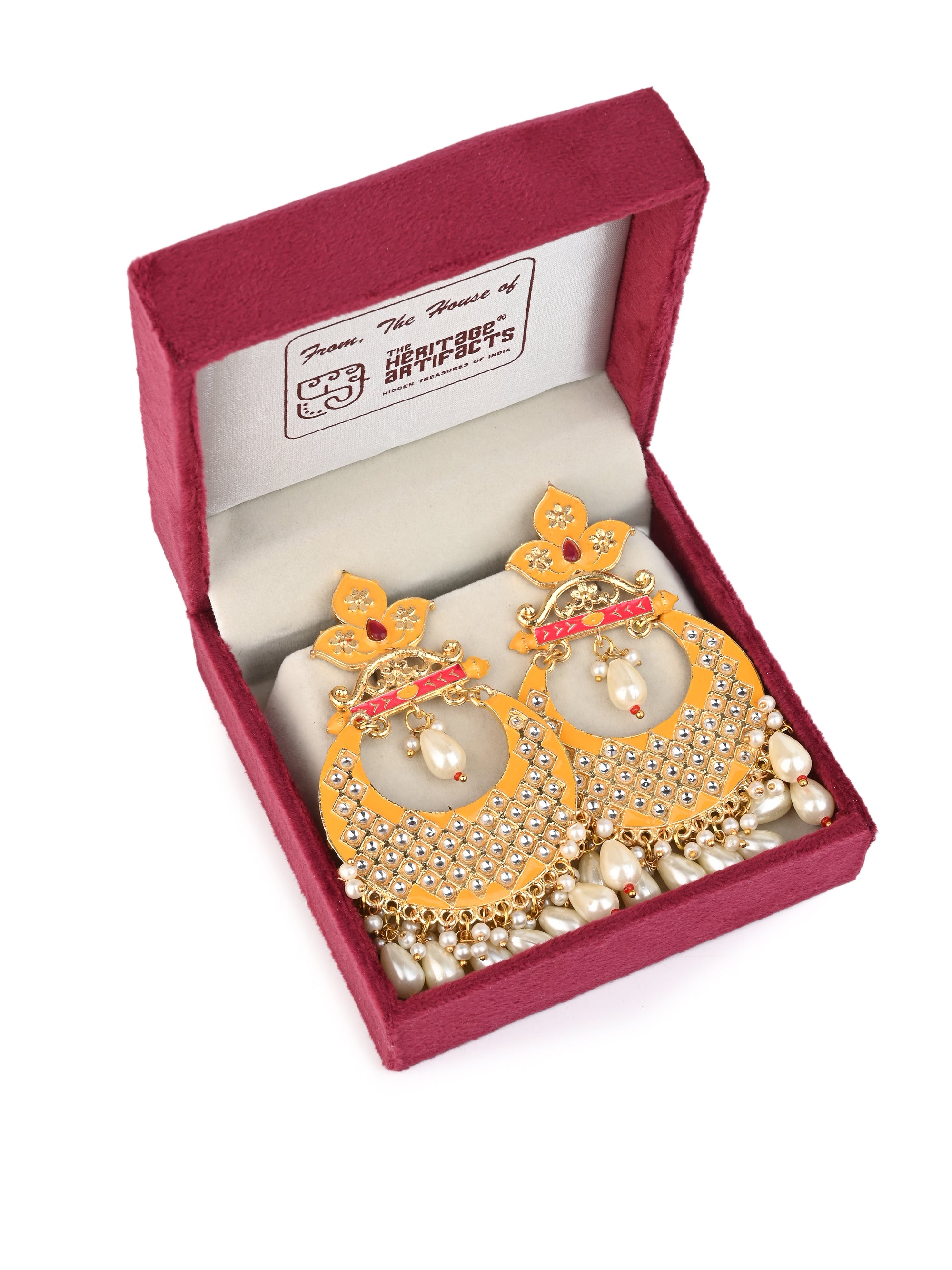 MAURYANA - Kundan mina yellow color festive design pair of earrings