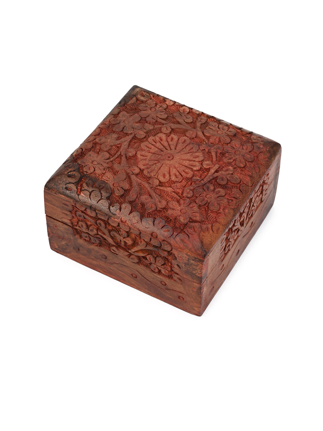 Sheesham wood jewellery box with intricate carving - 4x4 inches