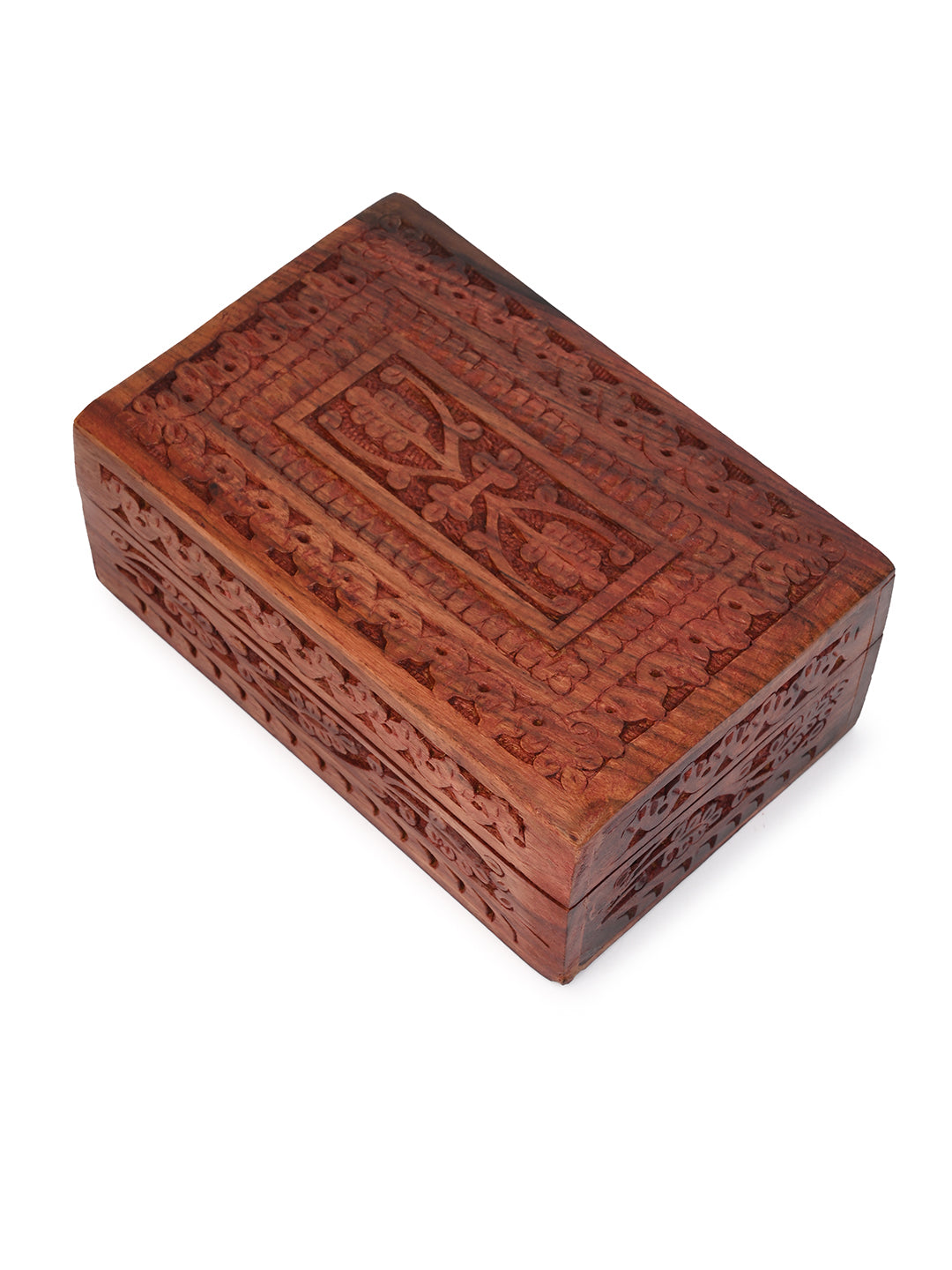 Sheesham wood trinket box with intricate carving - 6x4 inches