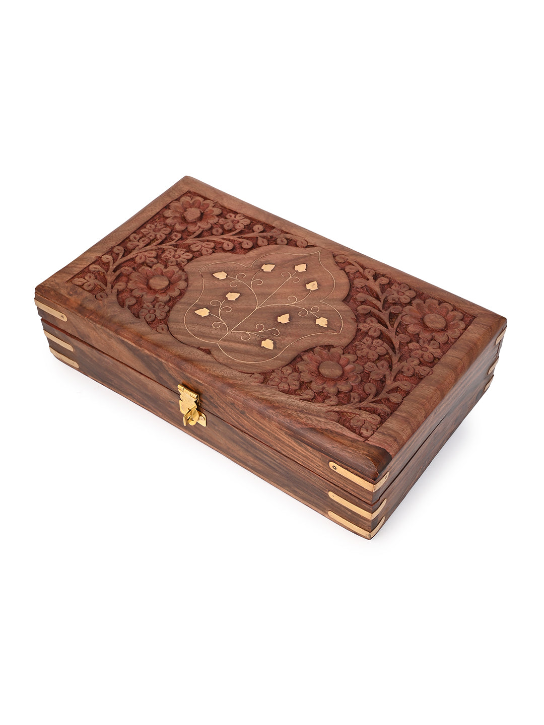 Sheesham wood storage box with intricate carving and brass work - 10x6 inches