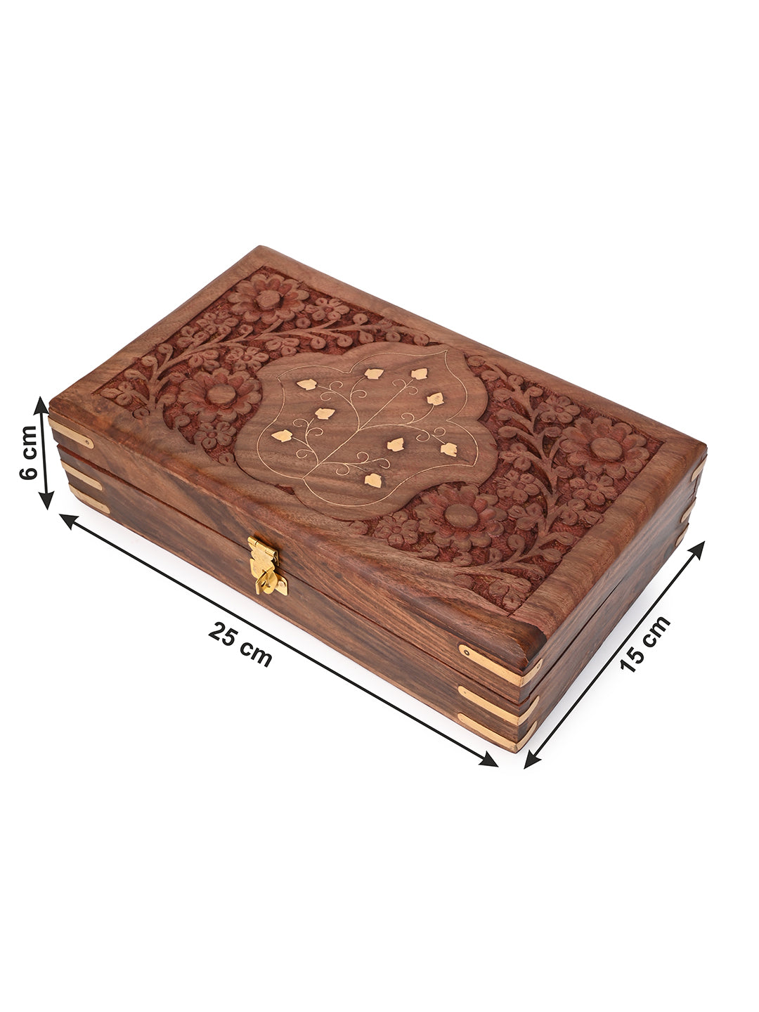 Sheesham wood storage box with intricate carving and brass work - 10x6 inches