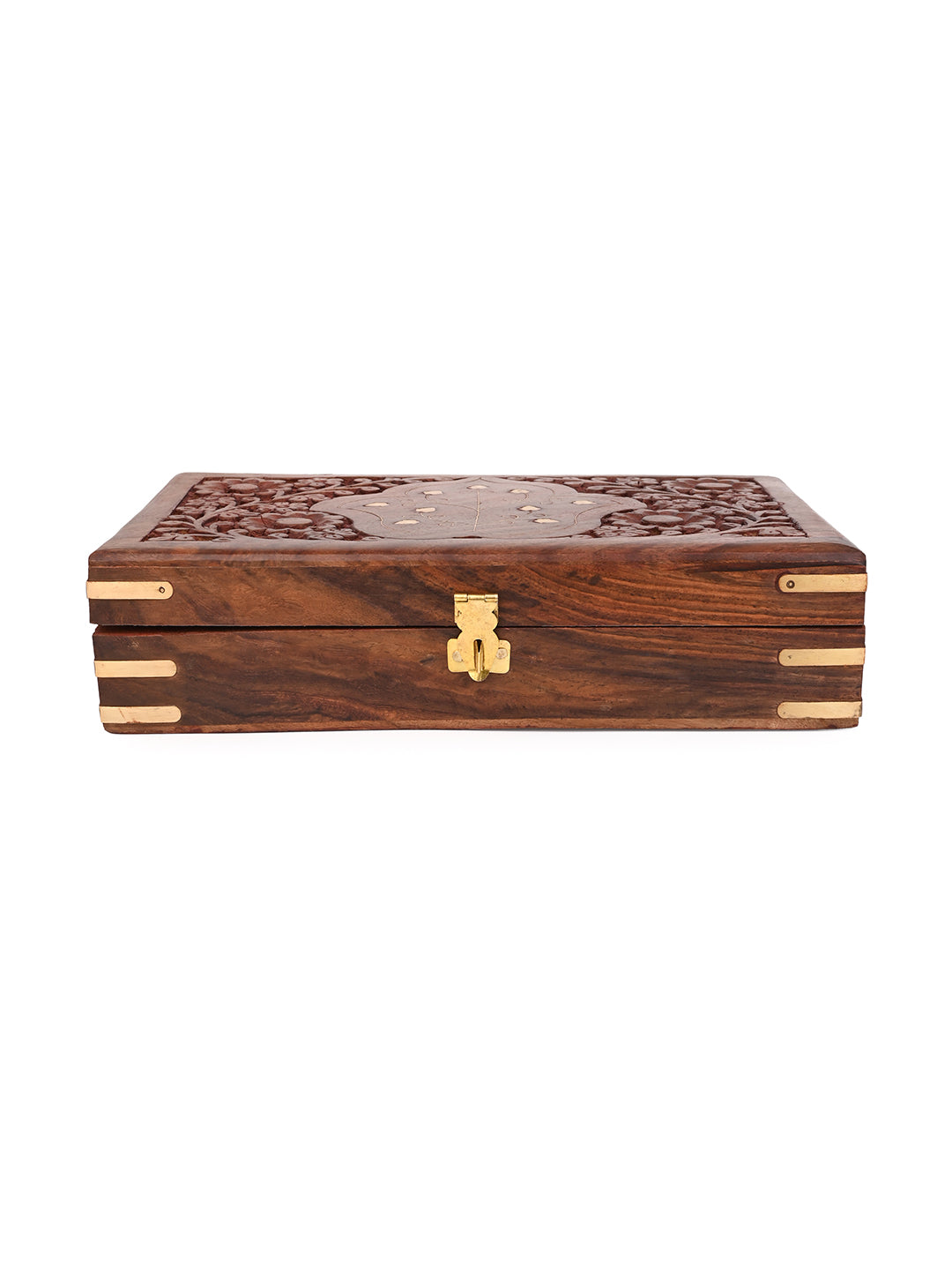Sheesham wood storage box with intricate carving and brass work - 10x6 inches