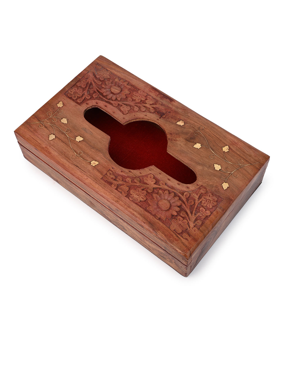 Sheesham wood carved tissue box with brass inlay work - 10x6 inches