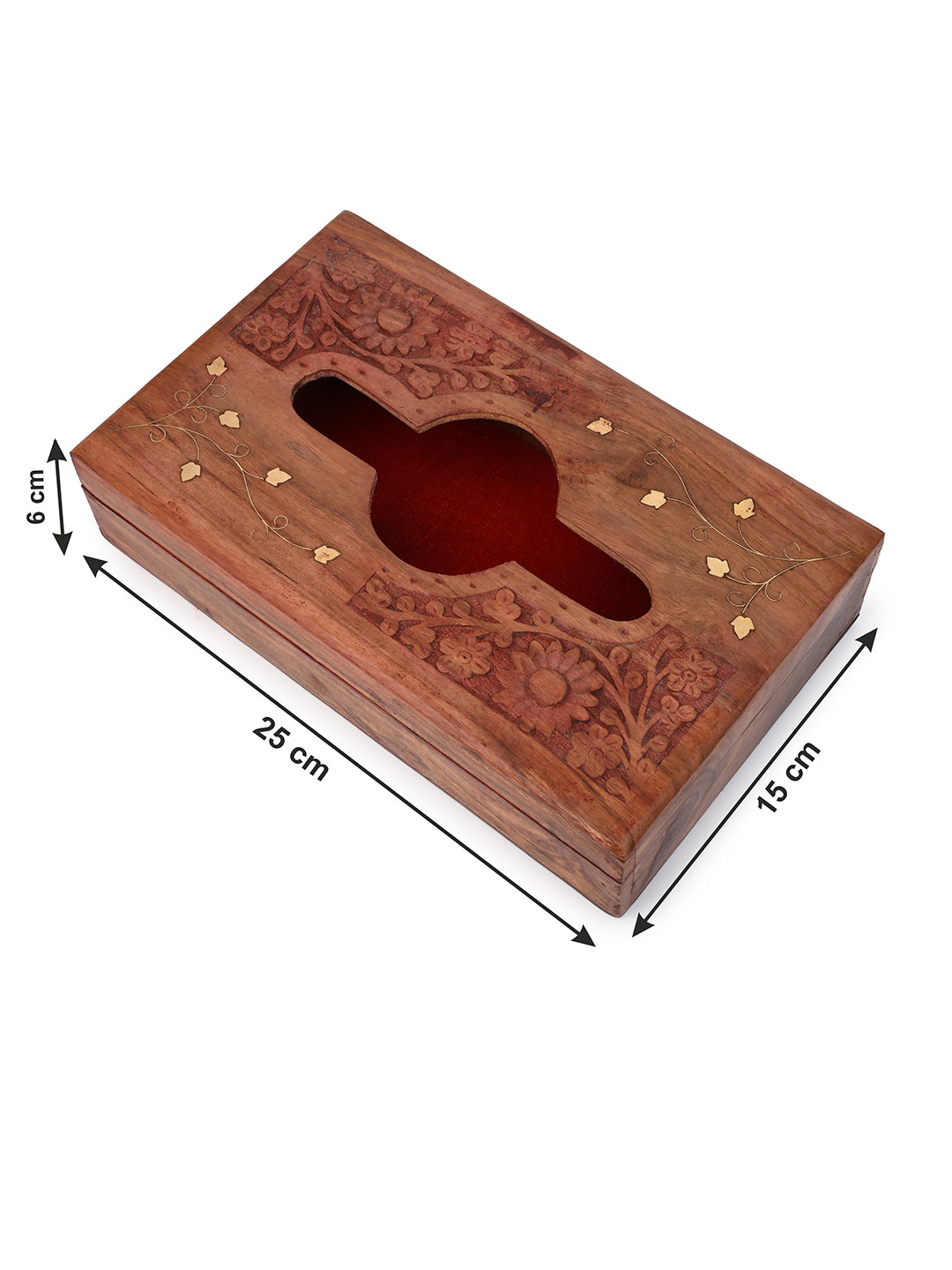 Sheesham wood carved tissue box with brass inlay work - 10x6 inches