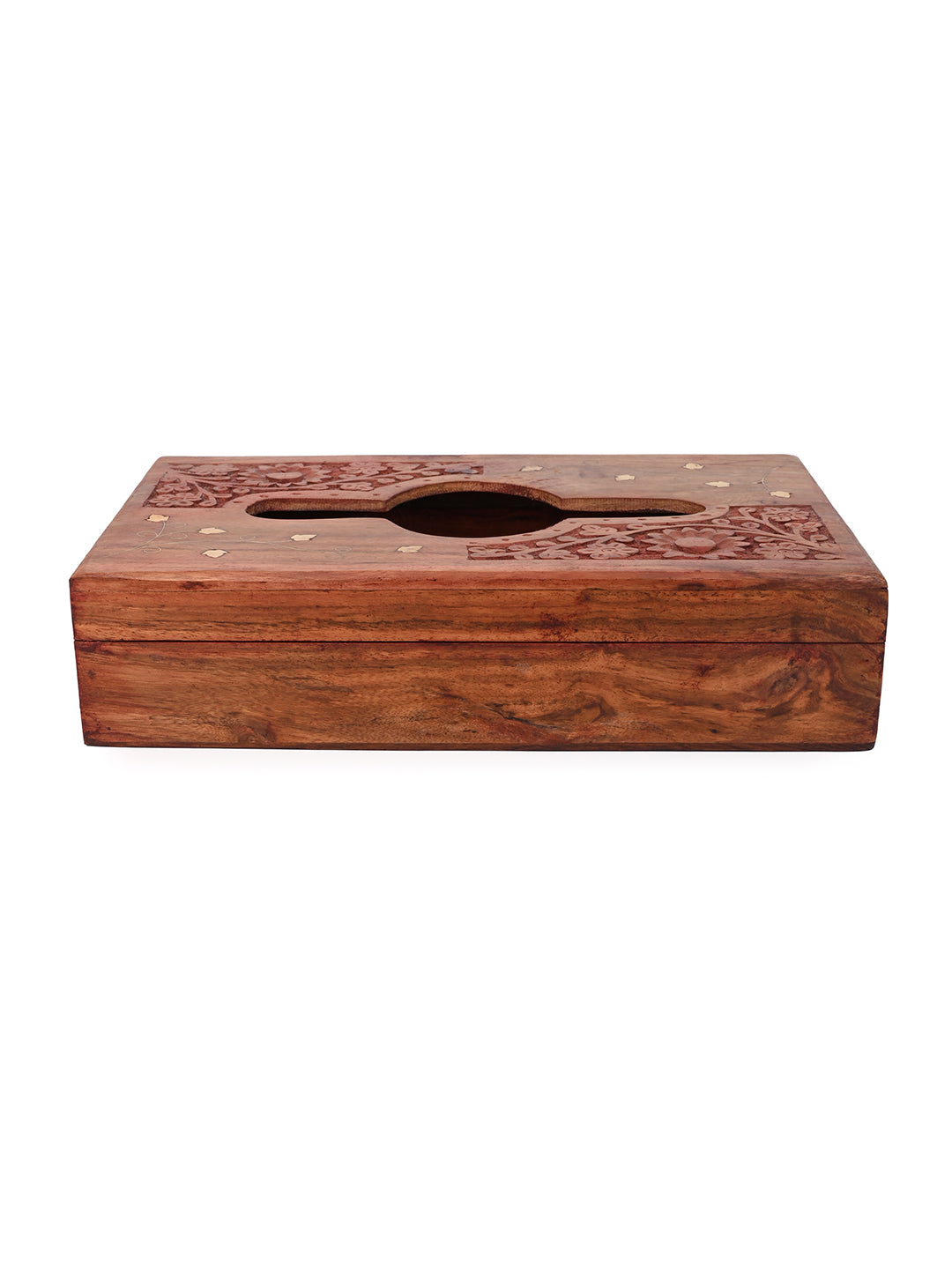 Sheesham wood carved tissue box with brass inlay work - 10x6 inches