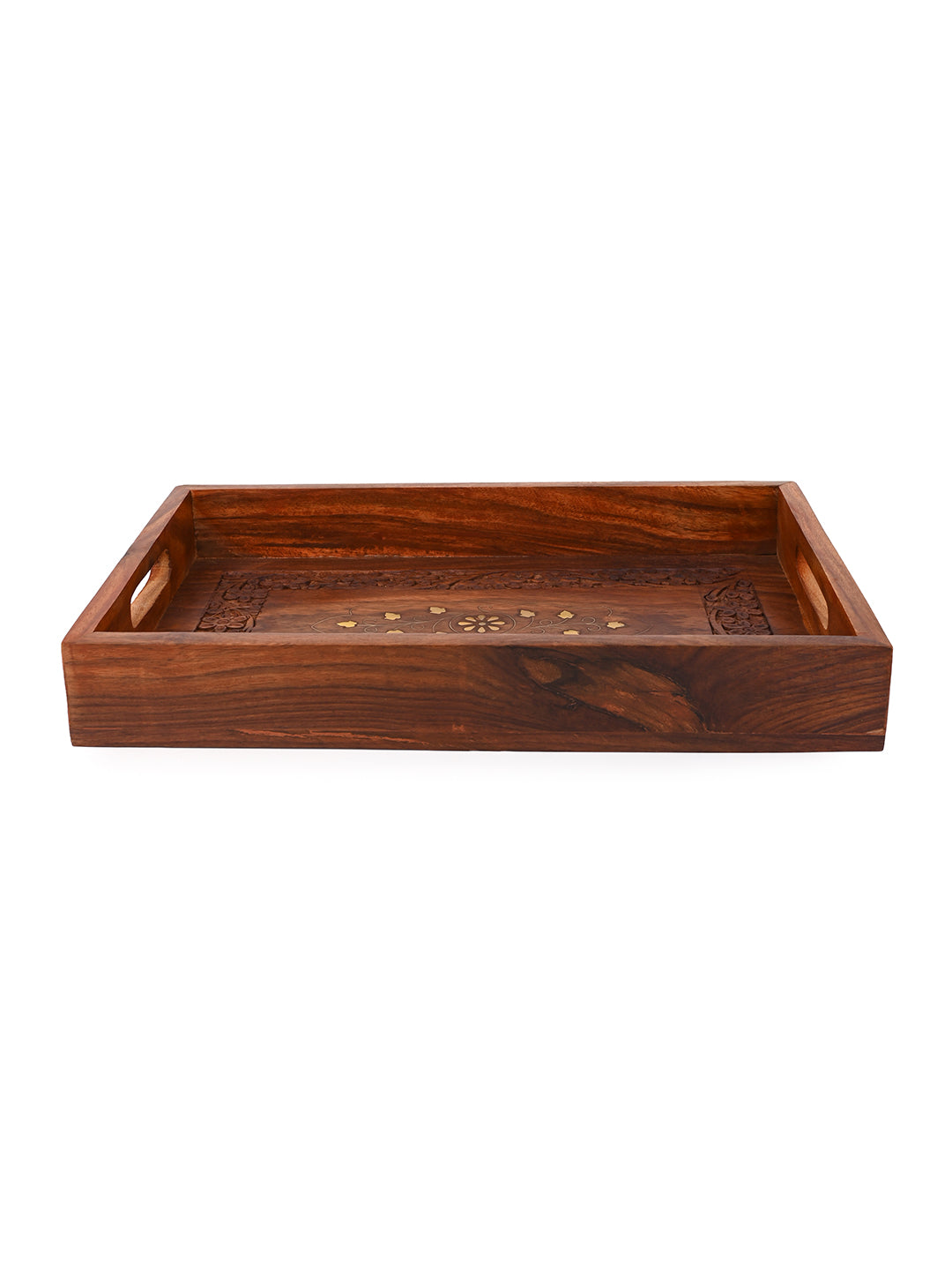 Sheesham wood crafted serving tray with brass inlay decoration - 12x8 inches