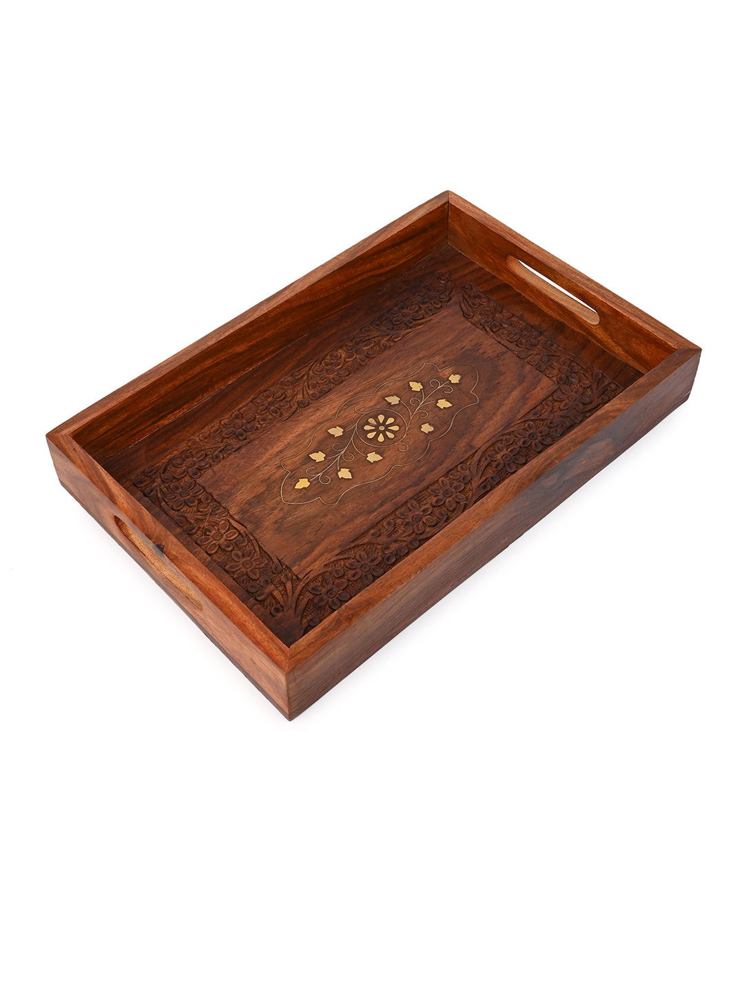 Sheesham wood crafted serving tray with brass inlay decoration - 12x8 inches
