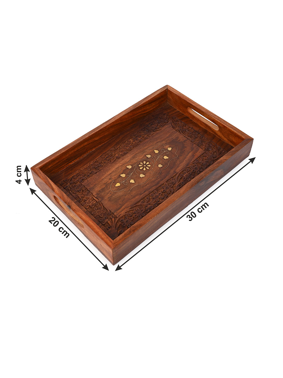Sheesham wood crafted serving tray with brass inlay decoration - 12x8 inches