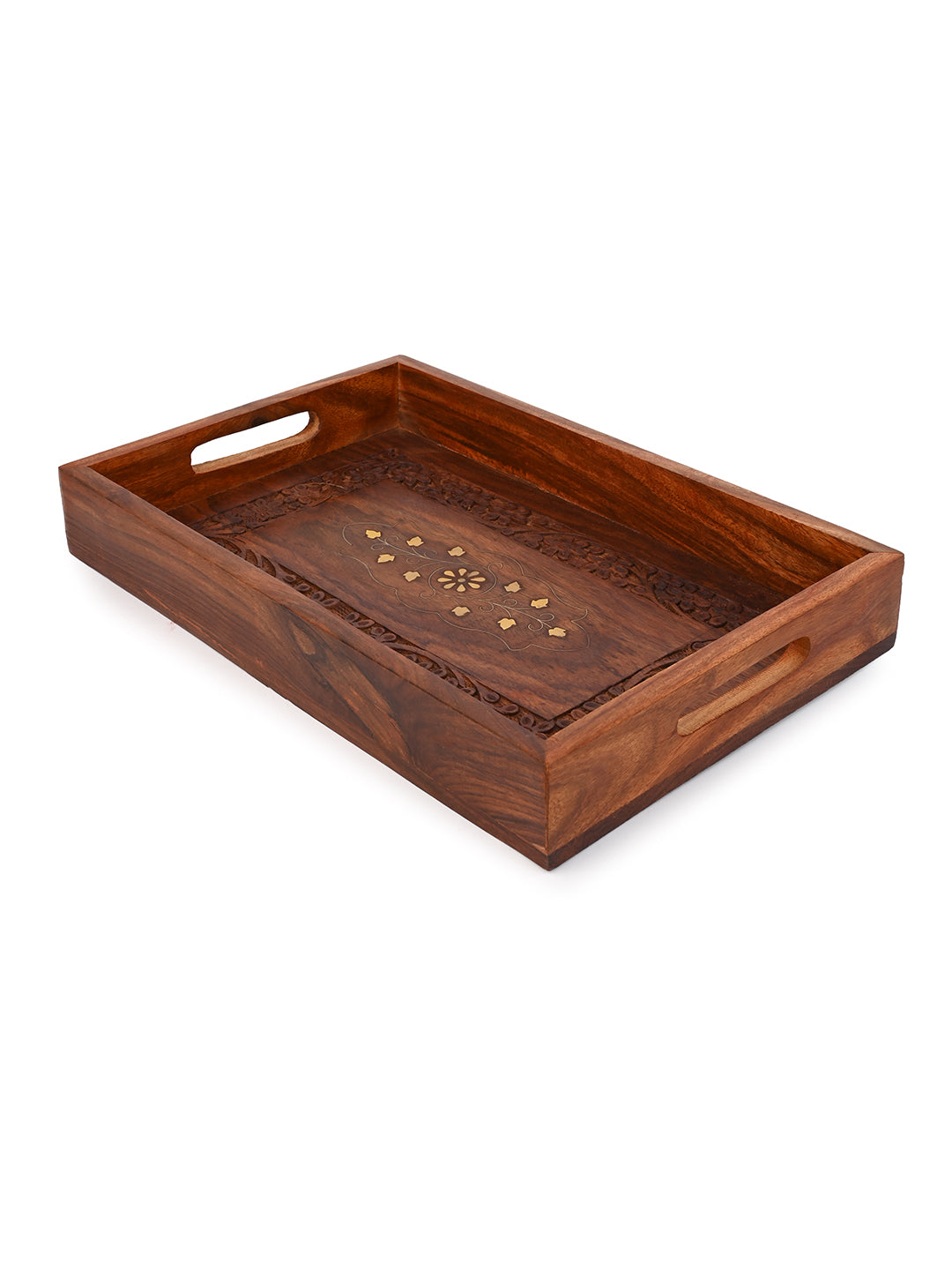 Sheesham wood crafted serving tray with brass inlay decoration - 12x8 inches