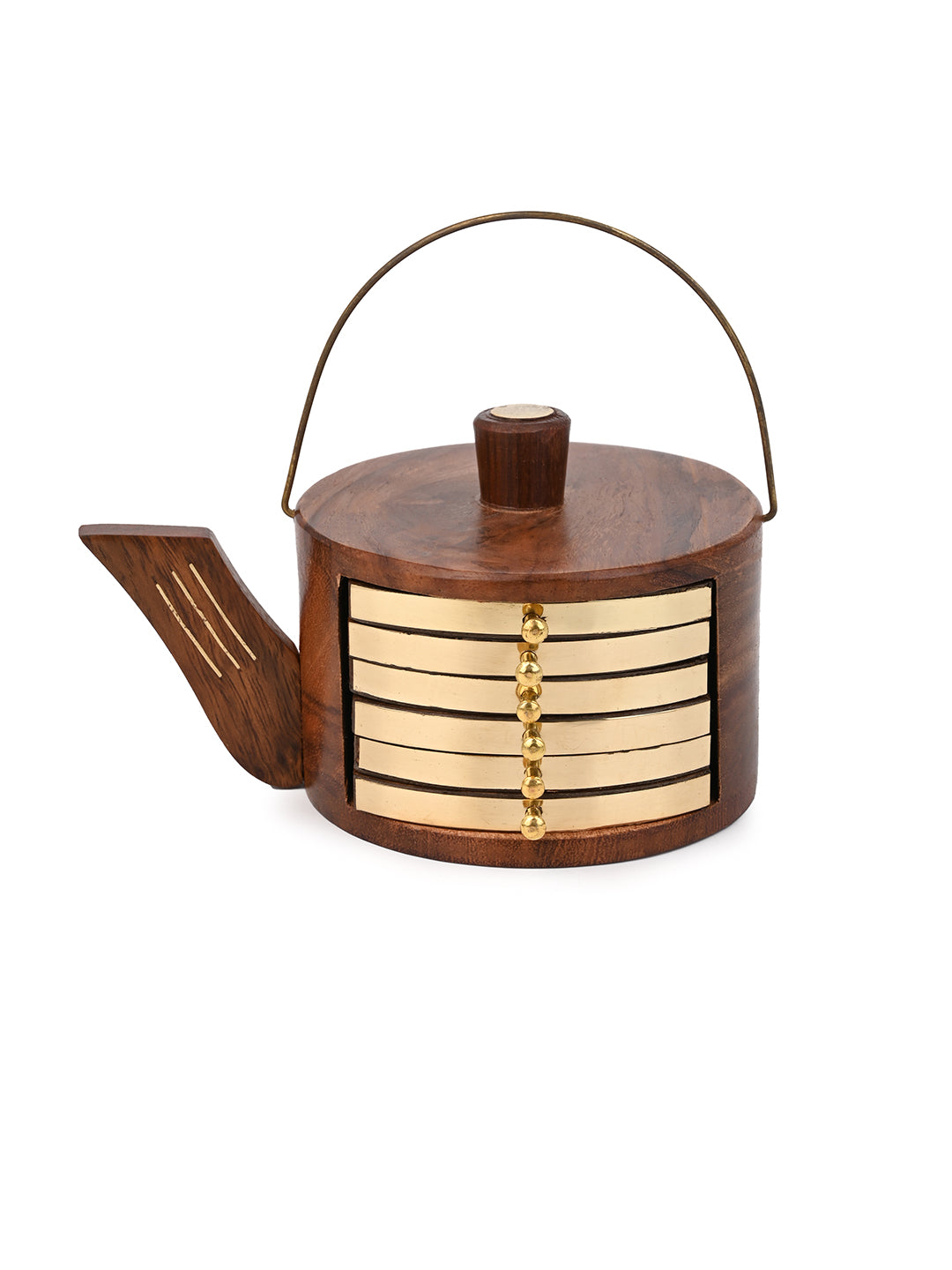 Sheesham wood kettle coaster set with brass ends - set of 6 pieces