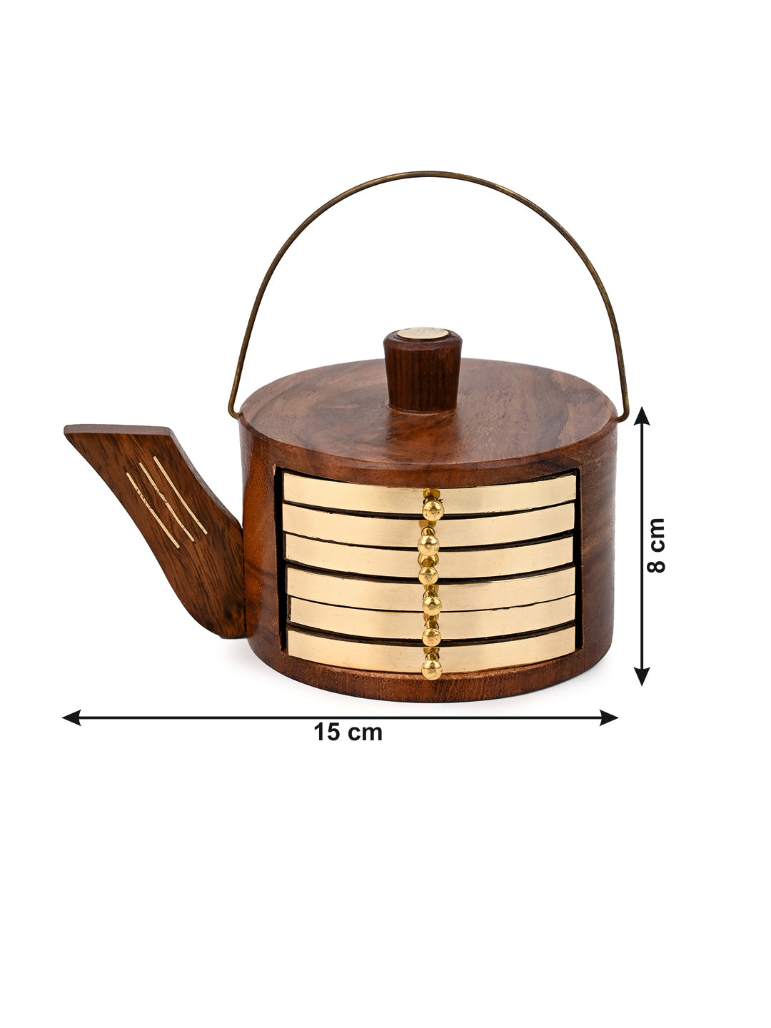 Sheesham wood kettle coaster set with brass ends - set of 6 pieces