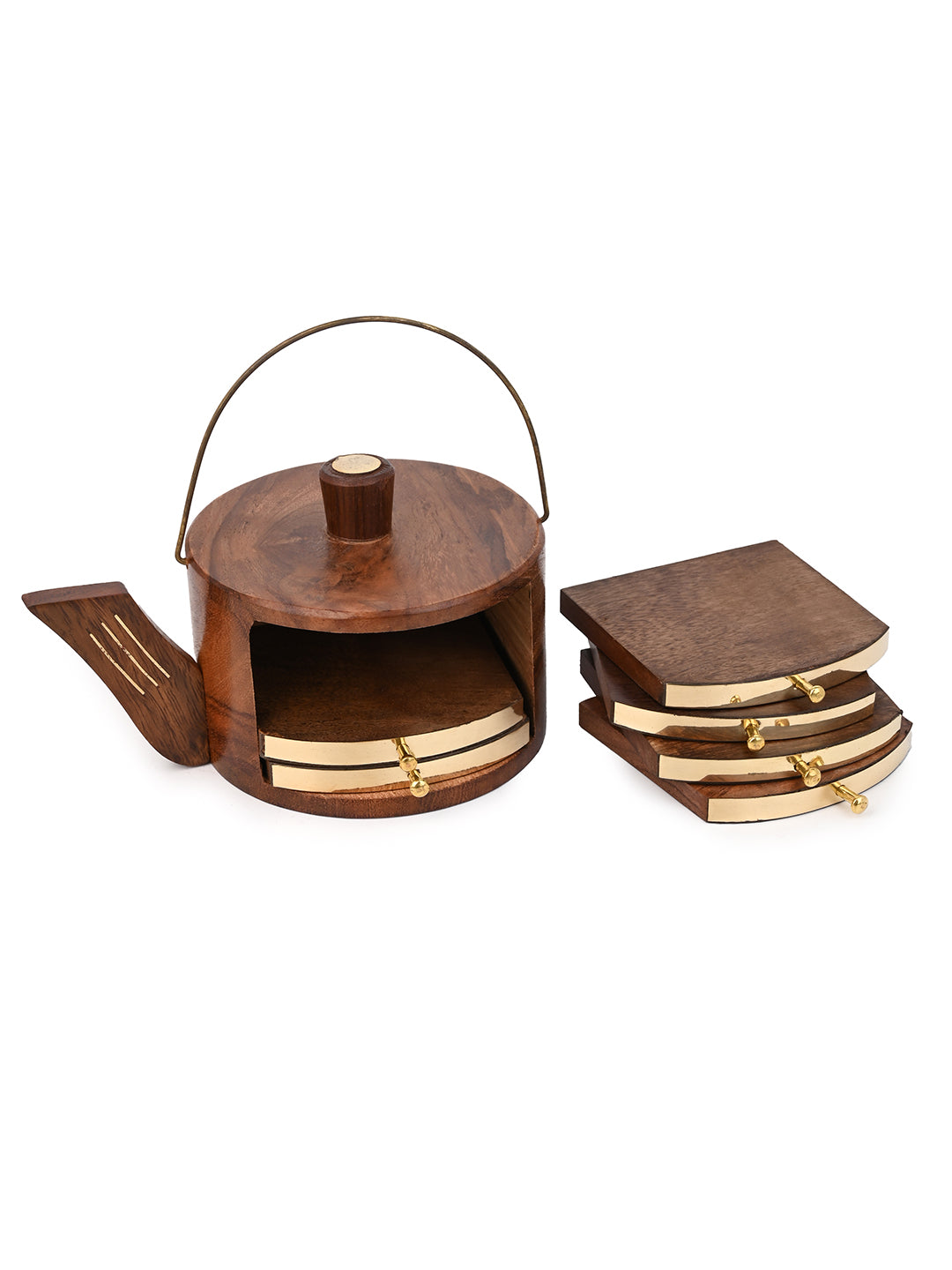 Sheesham wood kettle coaster set with brass ends - set of 6 pieces
