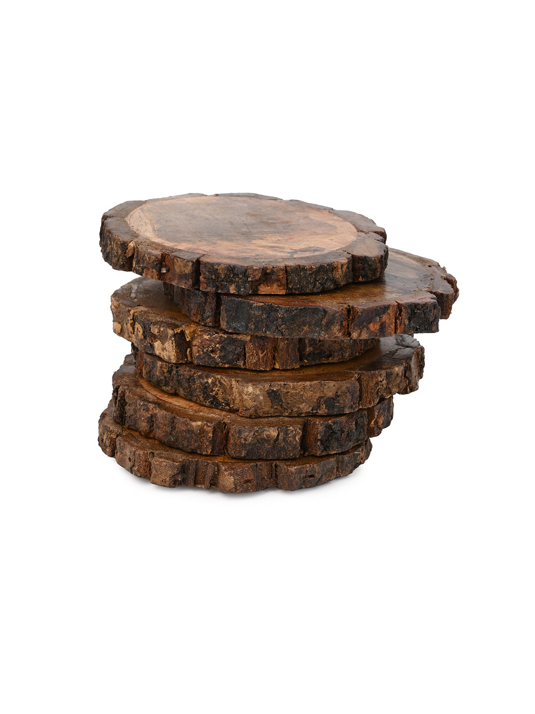 Mango wood coasters with natural bark edge finish - set of 6 pieces
