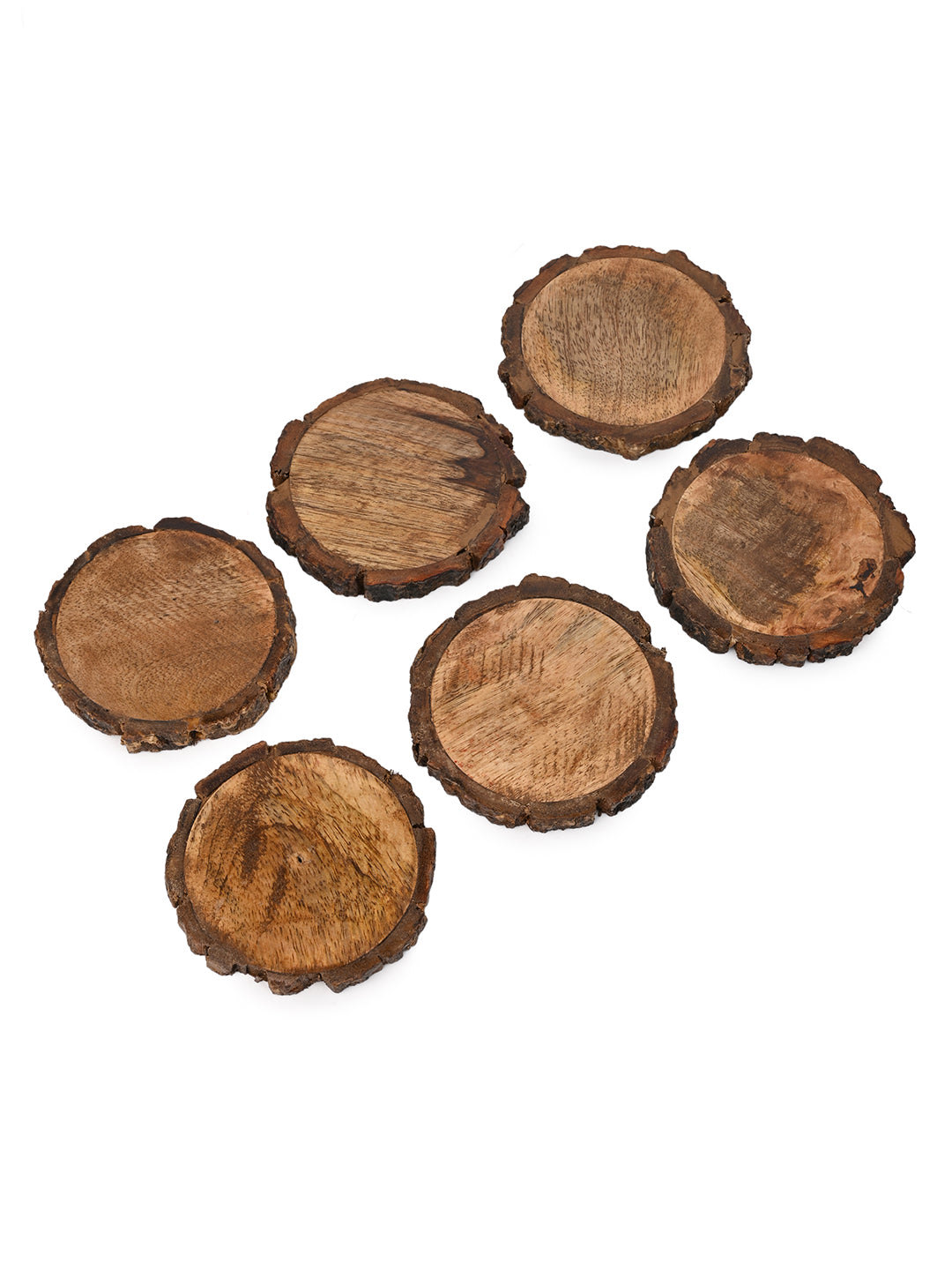Mango wood coasters with natural bark edge finish - set of 6 pieces