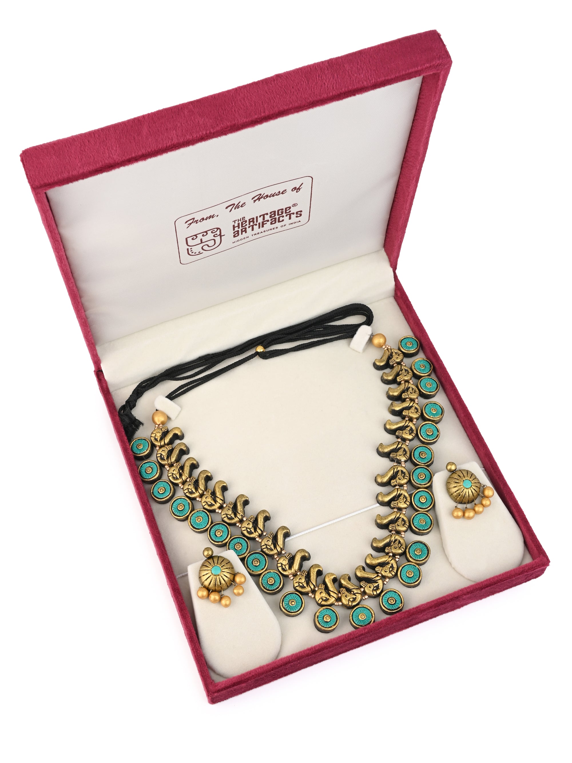 MAURYANA - Terracotta blue and gold peacock design necklace set with earrings - adjustable length