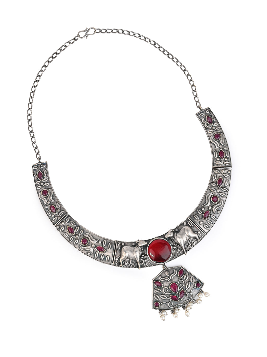 MAURYANA - Oxidsed silver red stone studded hasuli necklace set with earrings - one size