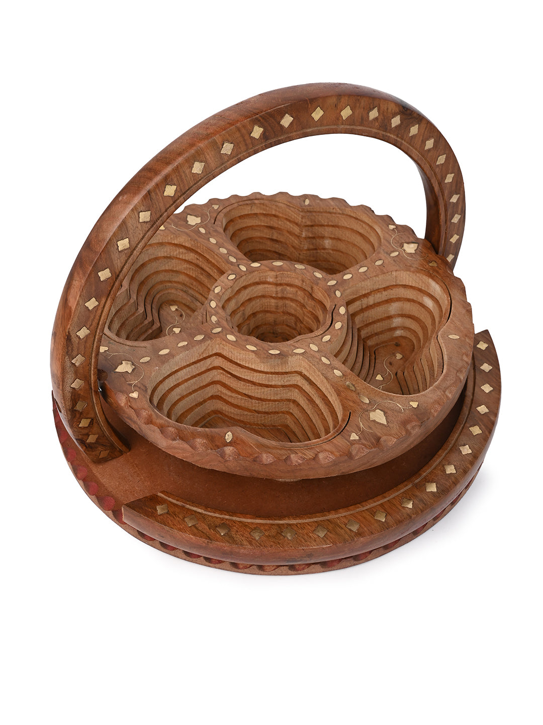 Sheesham wood foldable serving basket for dry fruits and snacks - 12 inches