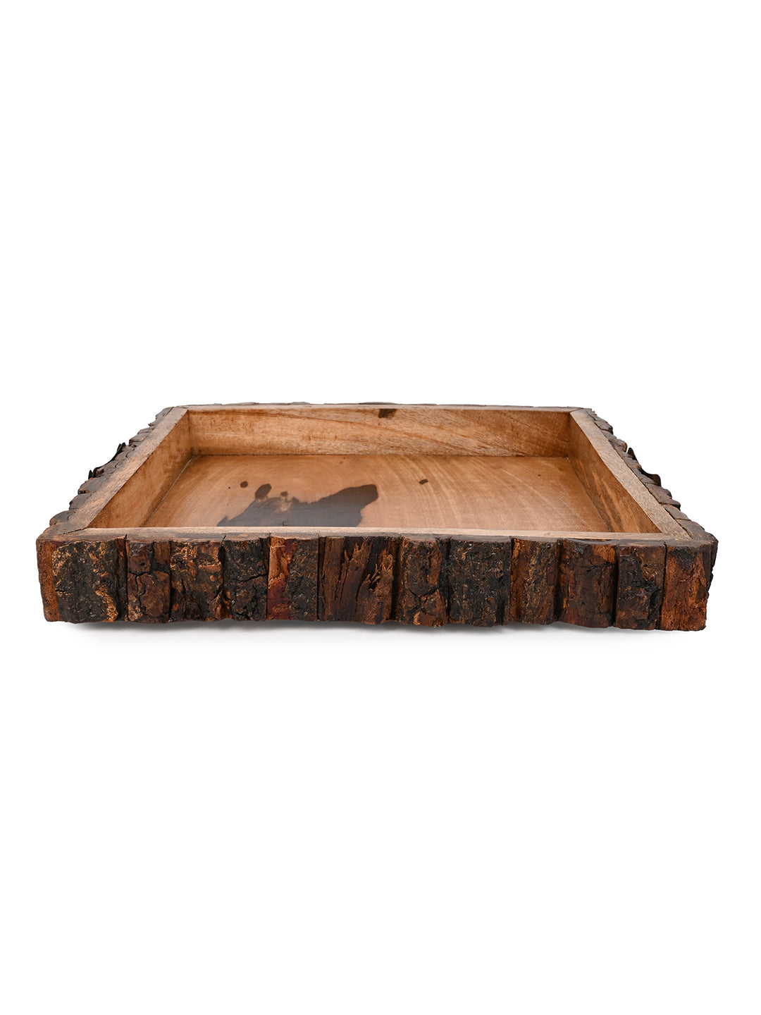 Mango wood crafted square wooden serving tray with natural bark edge - 12 inches