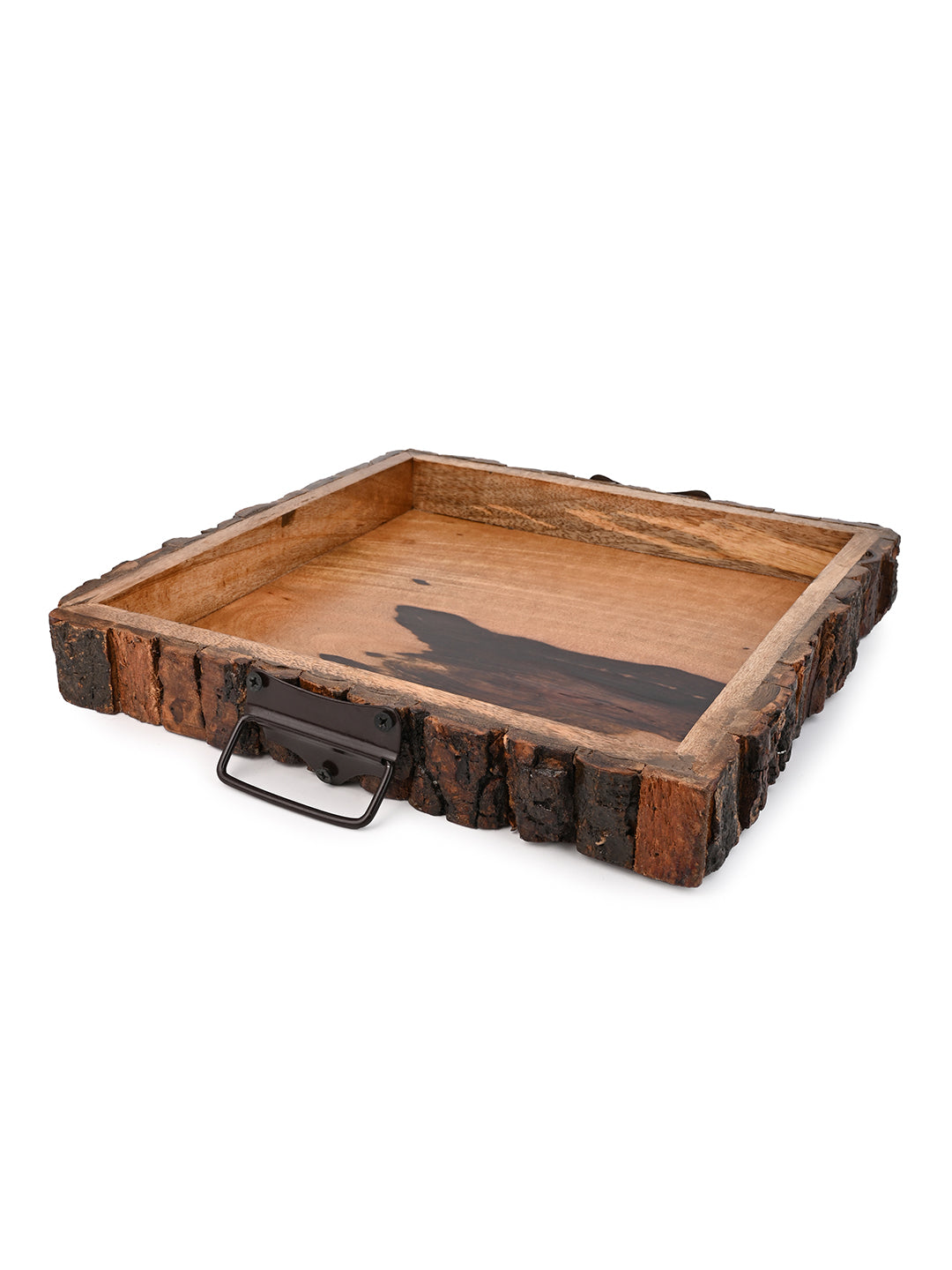 Mango wood crafted square wooden serving tray with natural bark edge - 12 inches
