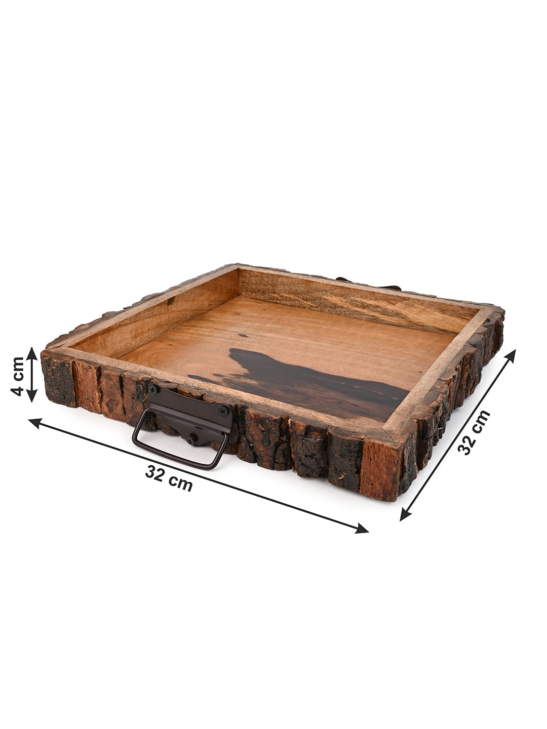 Mango wood crafted square wooden serving tray with natural bark edge - 12 inches