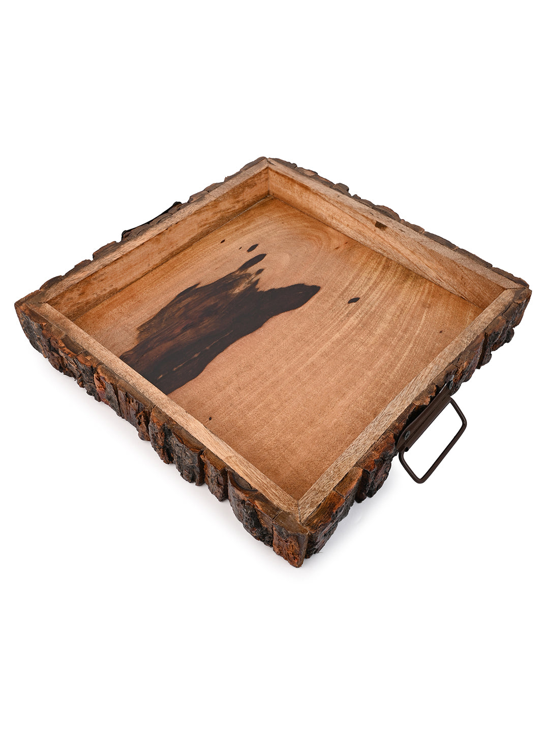 Mango wood crafted square wooden serving tray with natural bark edge - 12 inches